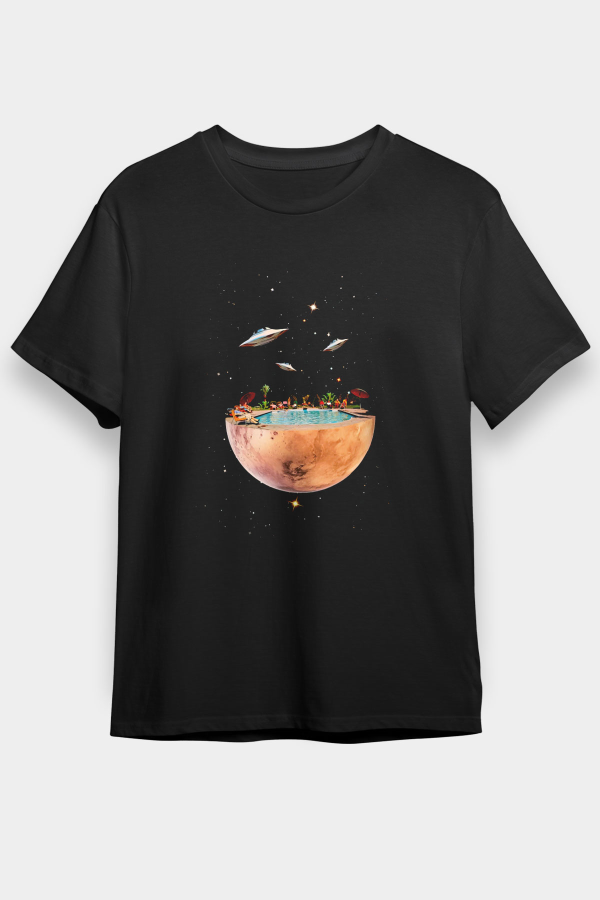 Uzayda Havuz Keyfi Baskılı Unisex Siyah Tişört