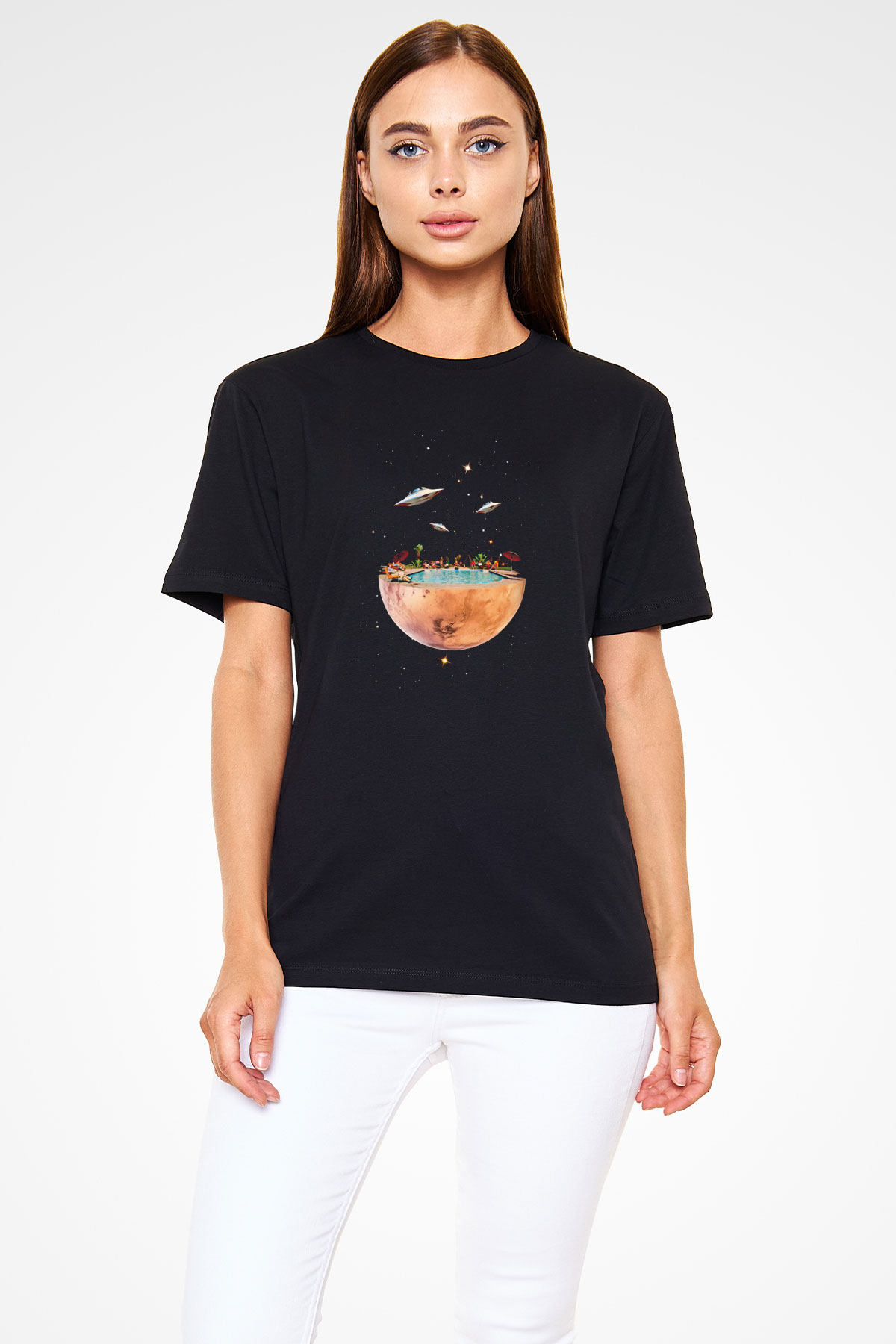 Uzayda Havuz Keyfi Baskılı Unisex Siyah Tişört
