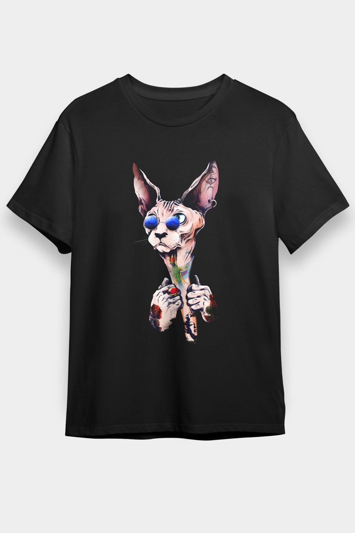 Tattoo Sfenks Kedi Baskılı Unisex Siyah Tişört