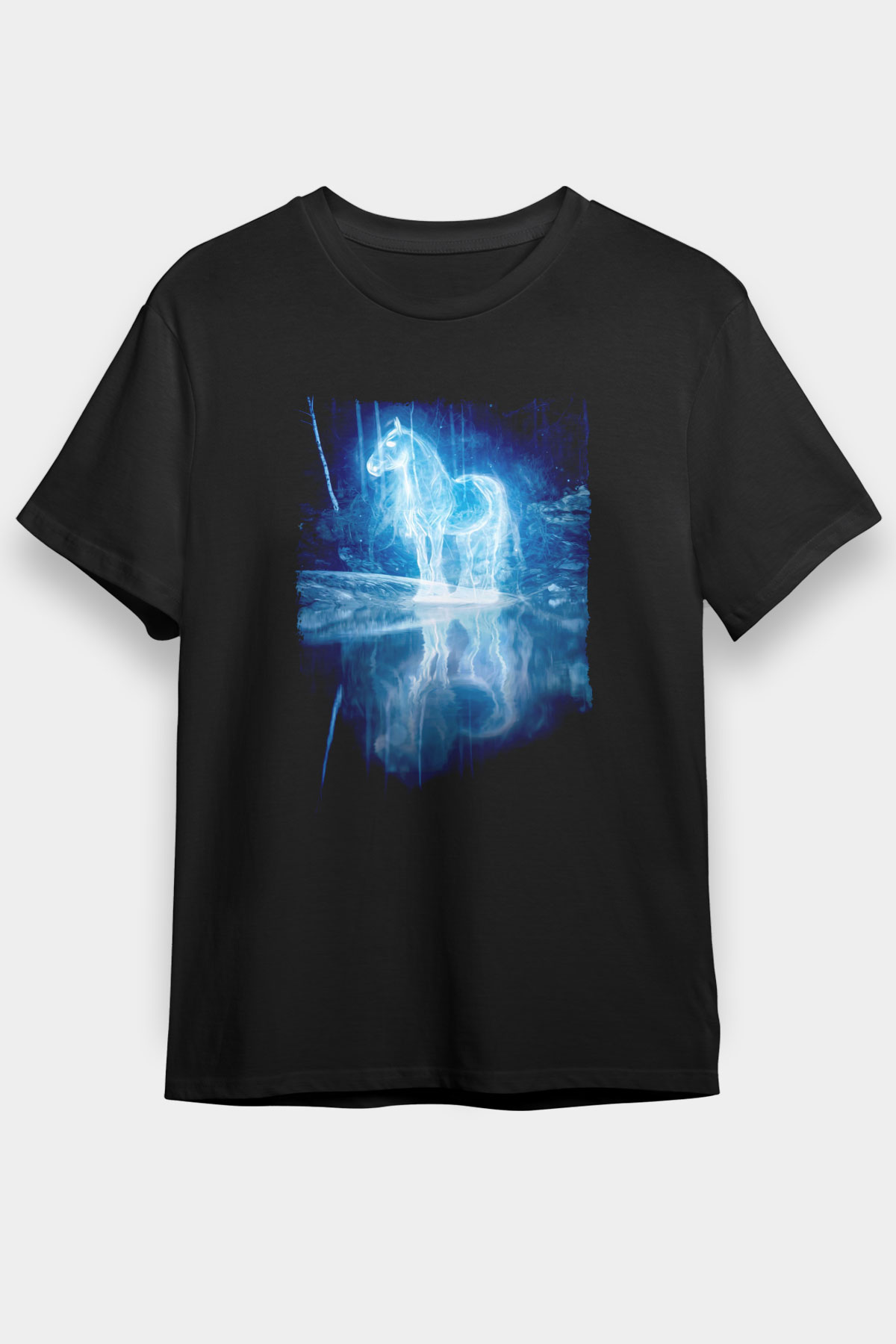 At Baskılı Unisex Siyah Tişört