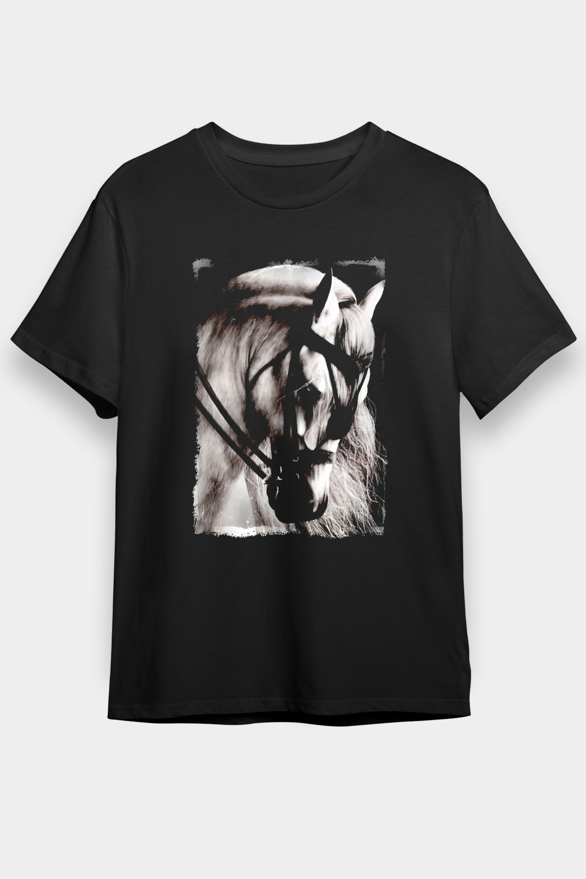 At Baskılı Unisex Siyah Tişört