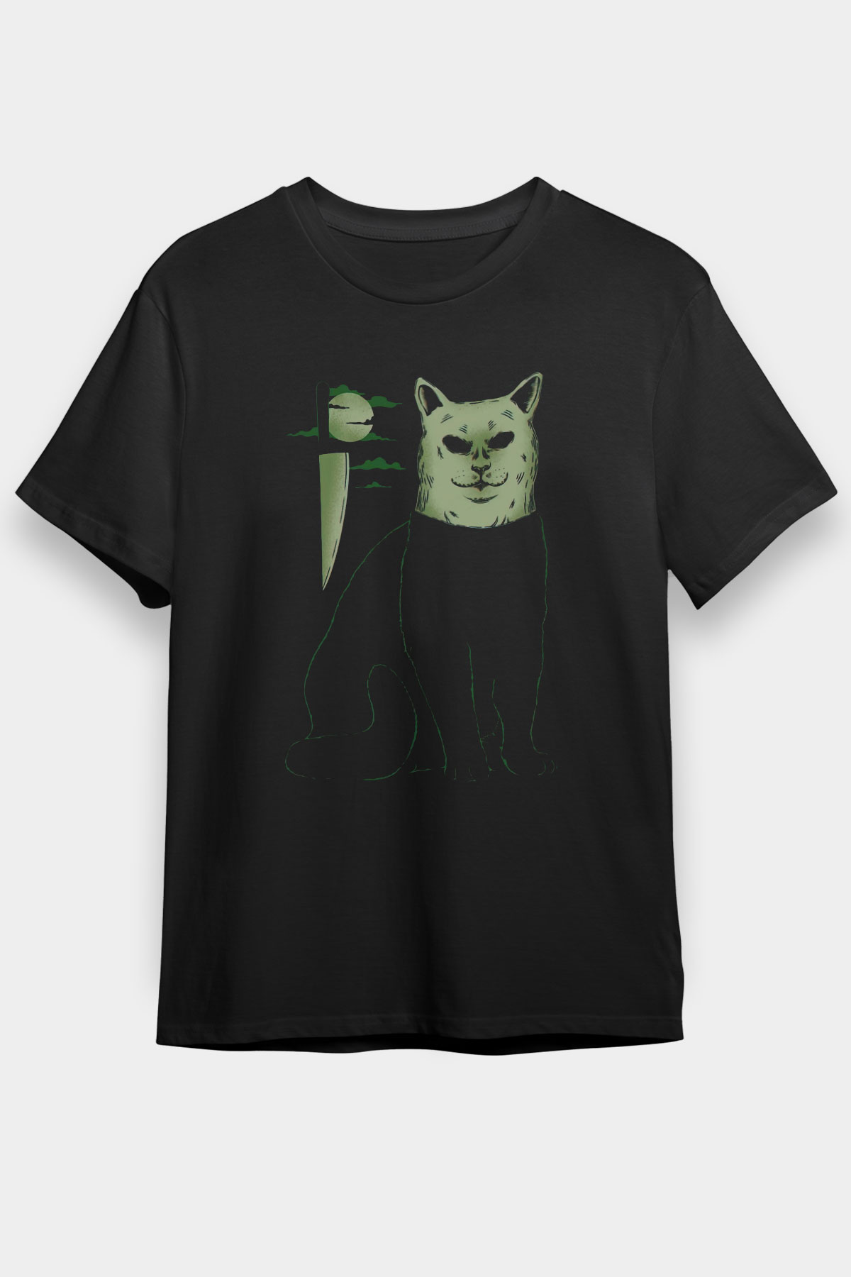 Katil Kedi Baskılı Unisex Siyah Tişört