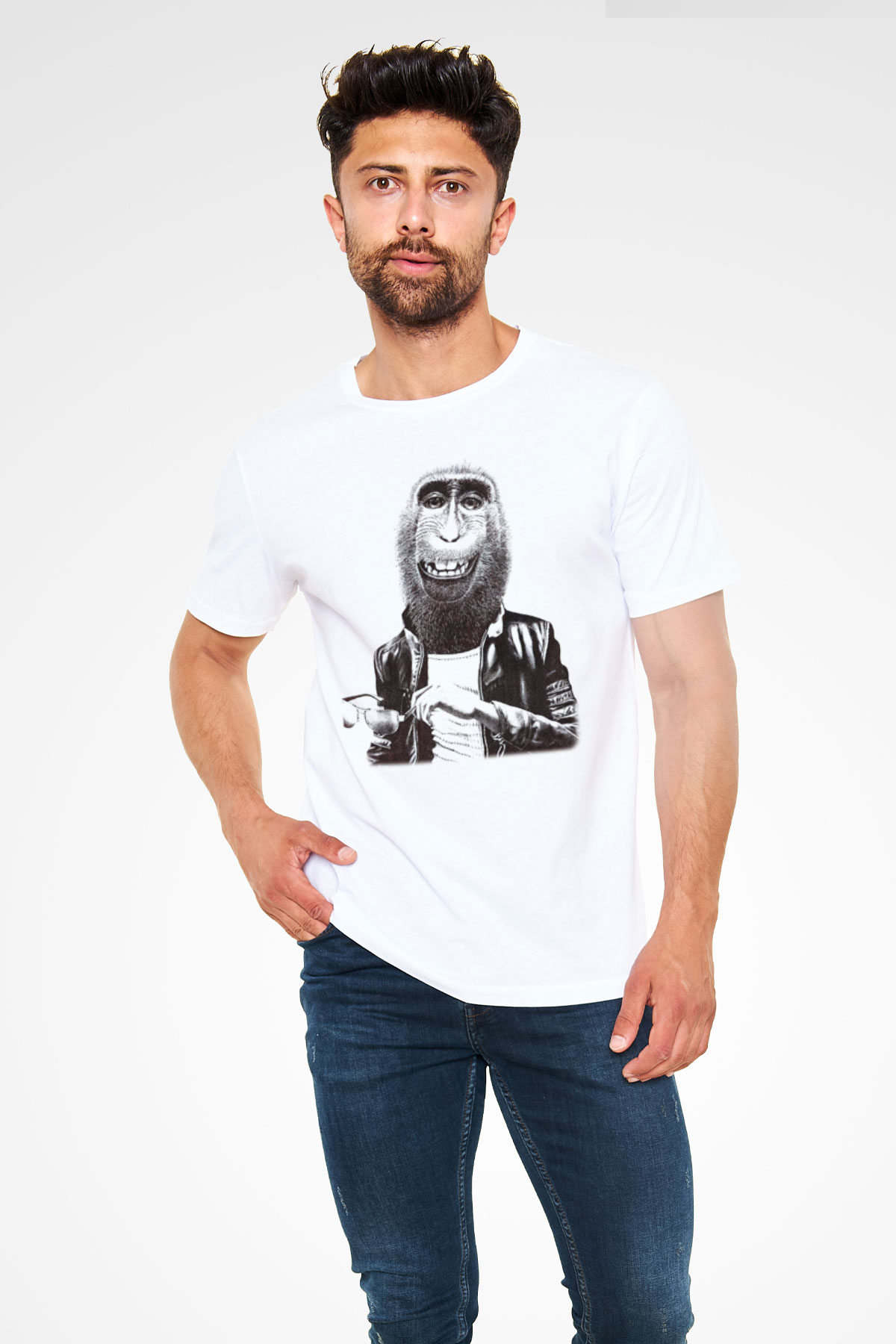Maymun Baskılı Unisex Beyaz Tişört