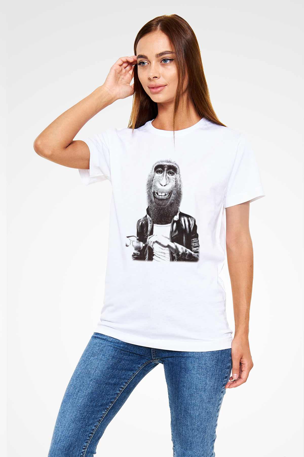 Maymun Baskılı Unisex Beyaz Tişört