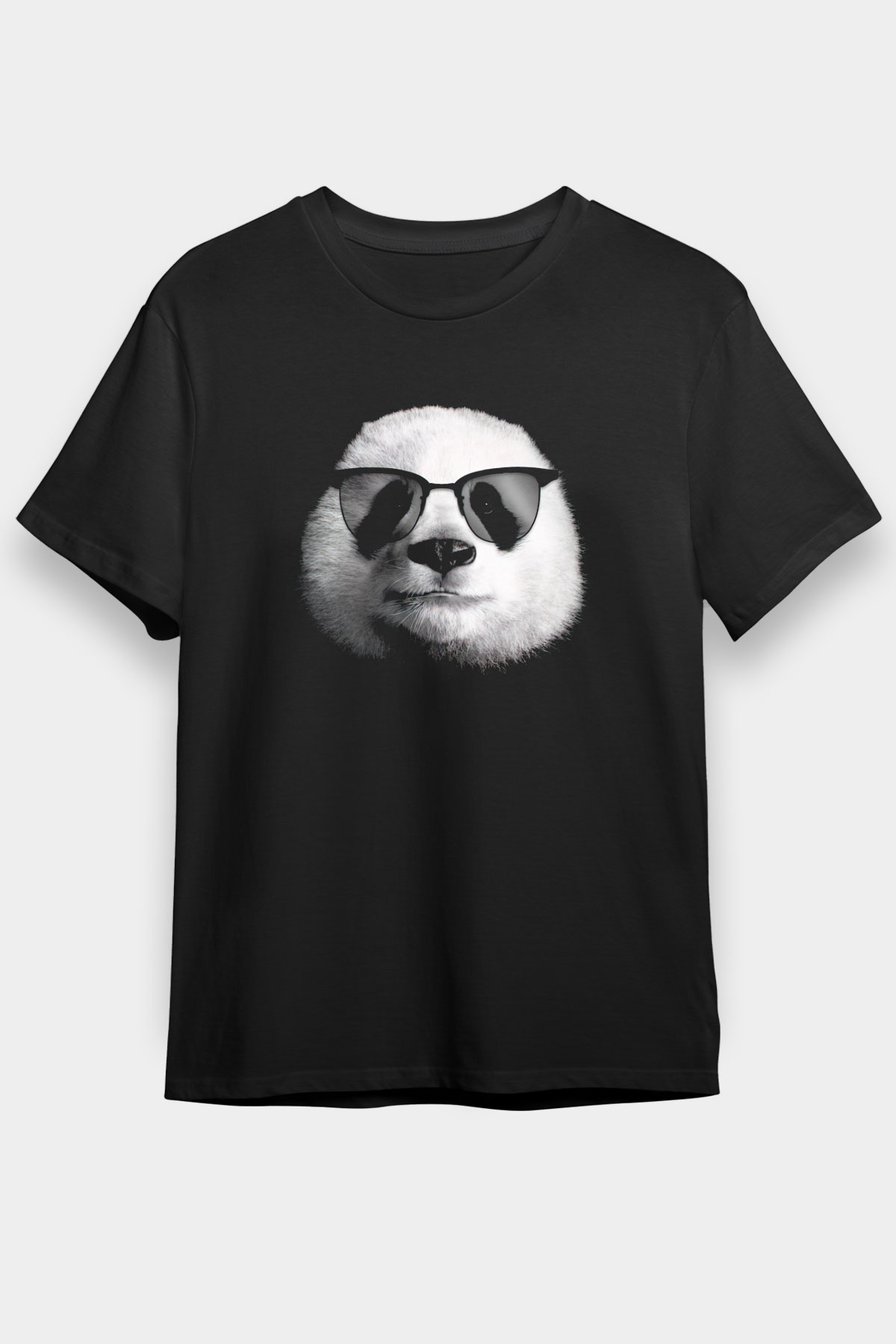 Gözlüklü Panda Baskılı Unisex Siyah Tişört