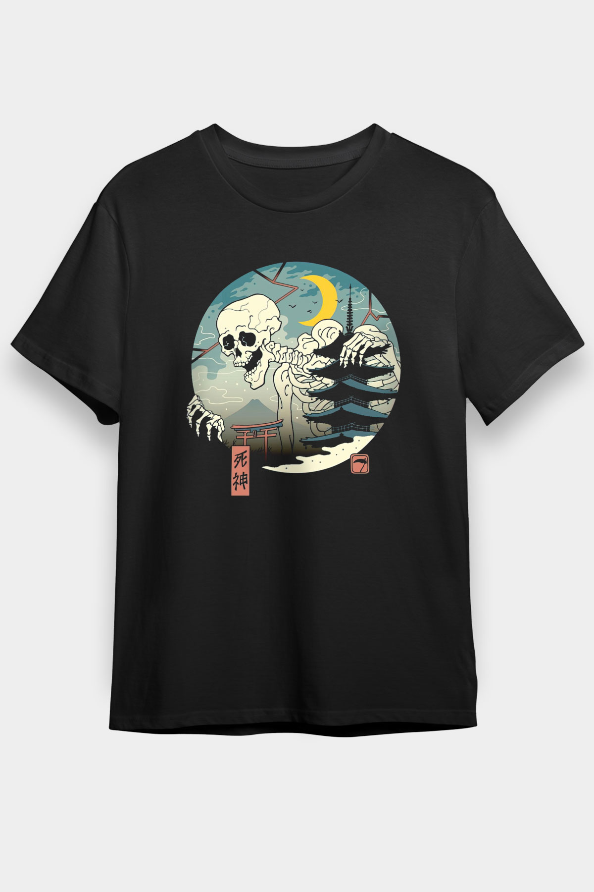 Japonya İskelet Baskılı Unisex Siyah Tişört