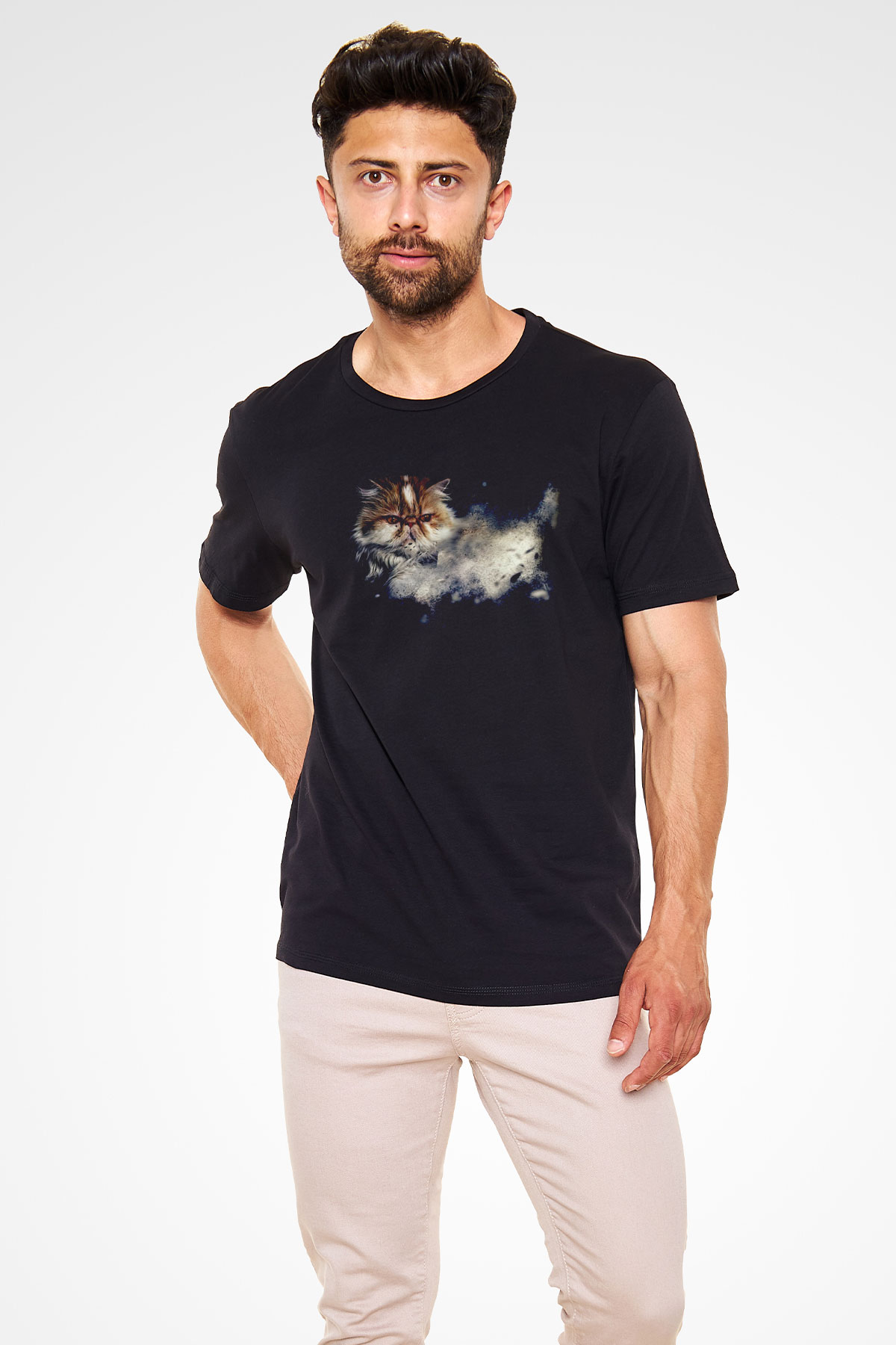 Kedi Baskılı Unisex Siyah Tişört