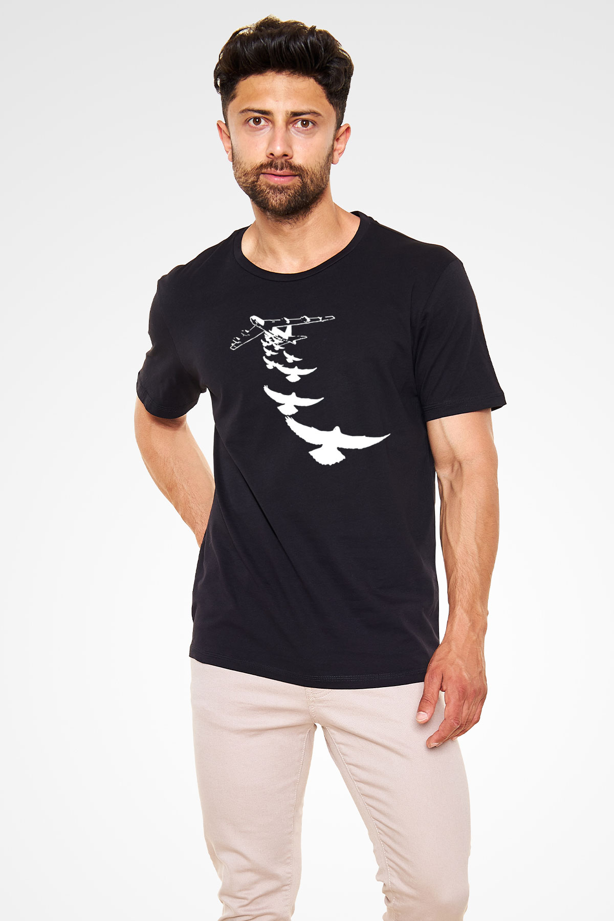 Uçaktan Atlayan Kuşlar Baskılı Unisex Siyah Tişört