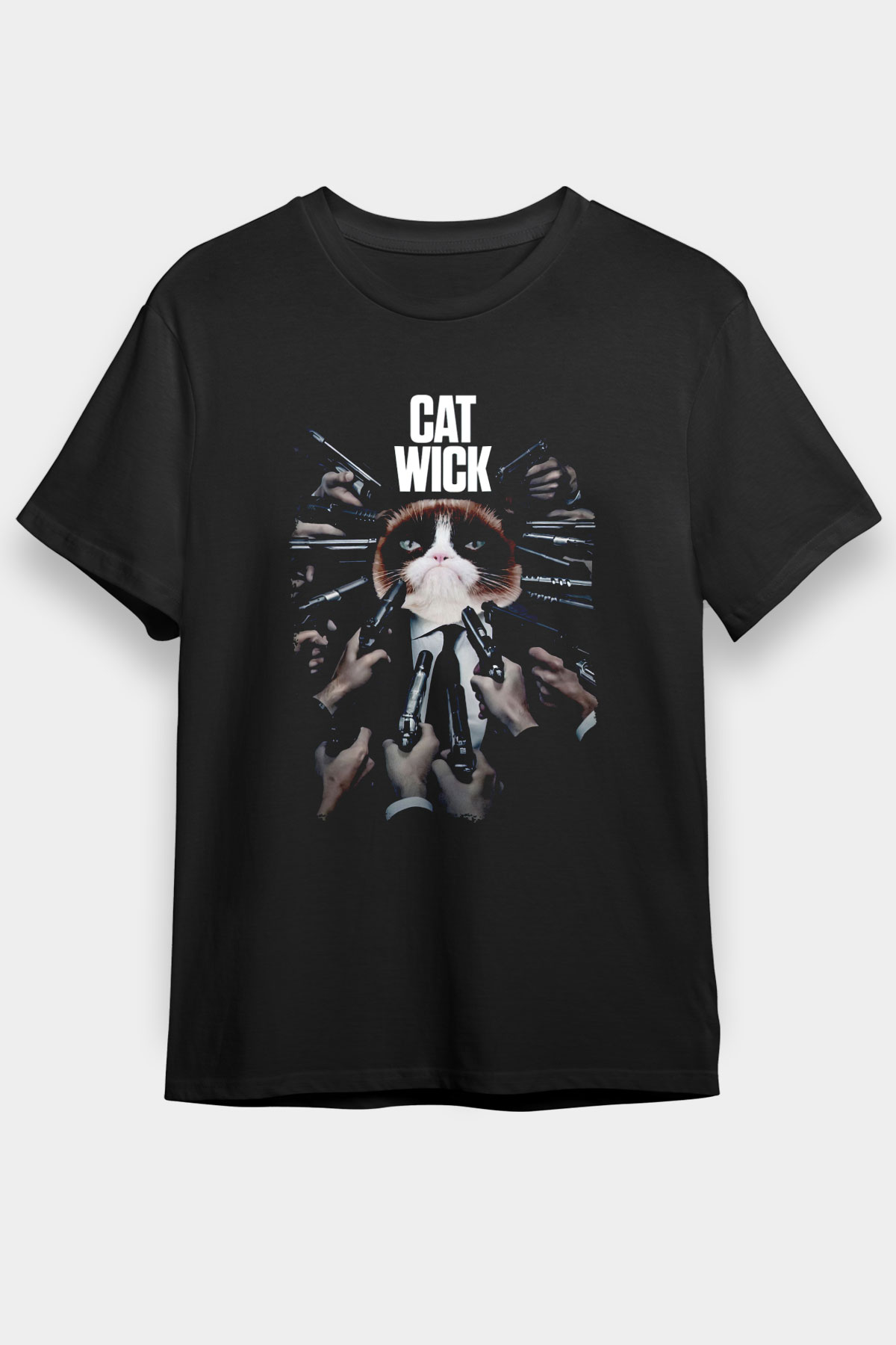 Kedi Wick Baskılı Unisex Siyah Tişört