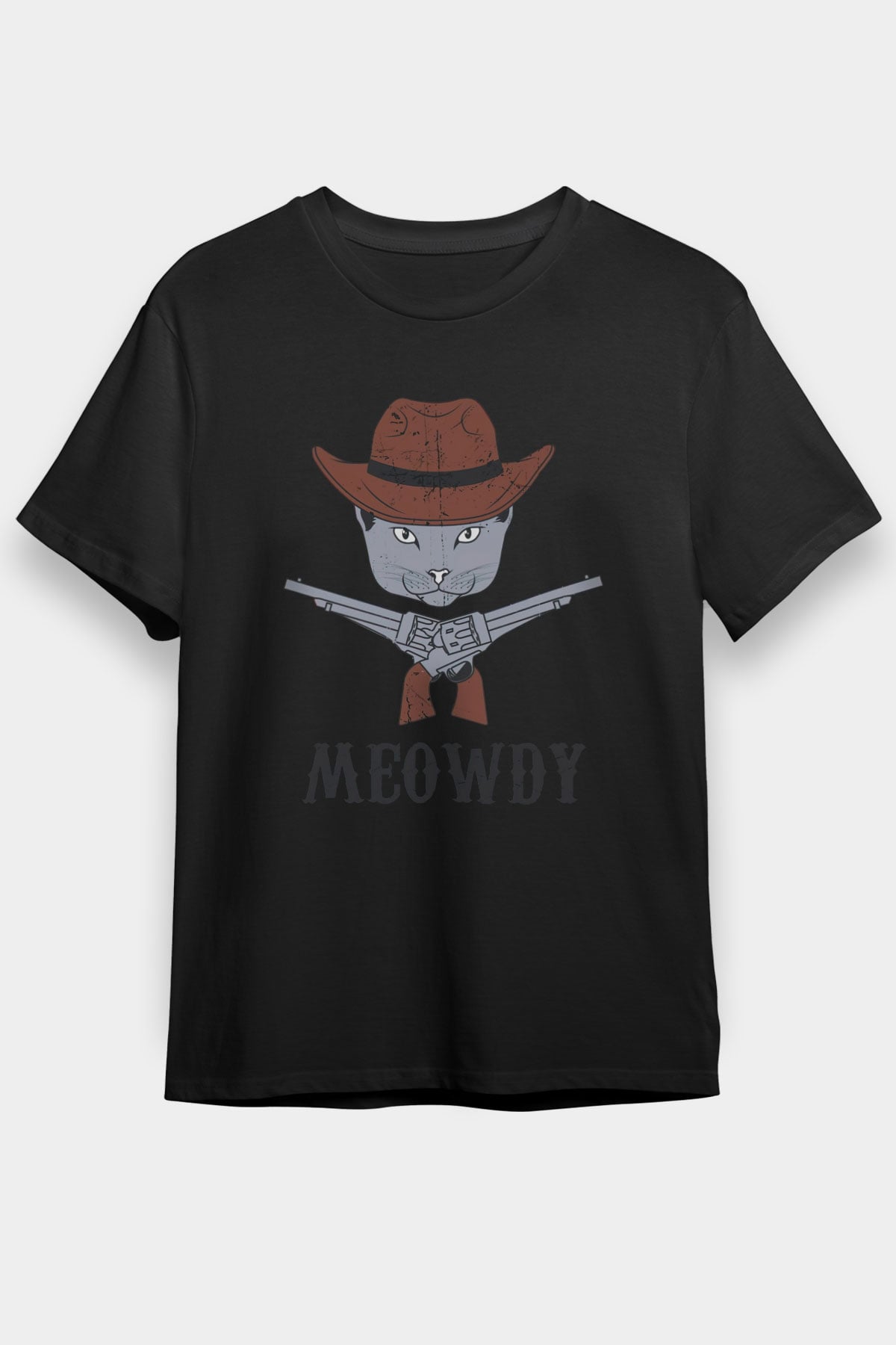 Kovboy Kedi Baskılı Unisex Siyah Tişört
