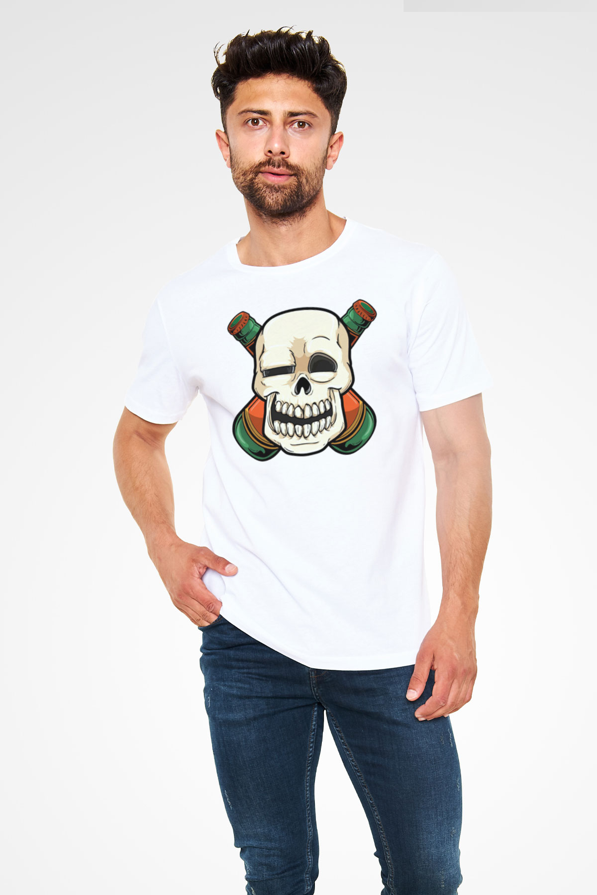 Alkolik Kuru Kafa Baskılı Unisex Beyaz Tişört