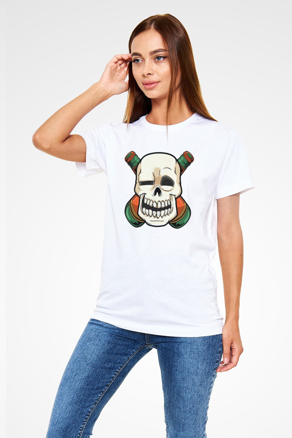 Alkolik Kuru Kafa Baskılı Unisex Beyaz Tişört