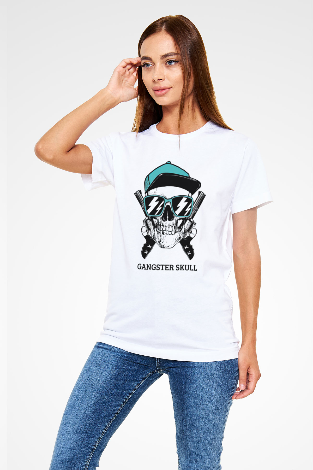 Gangster Kuru Kafa Baskılı Unisex Beyaz Tişört