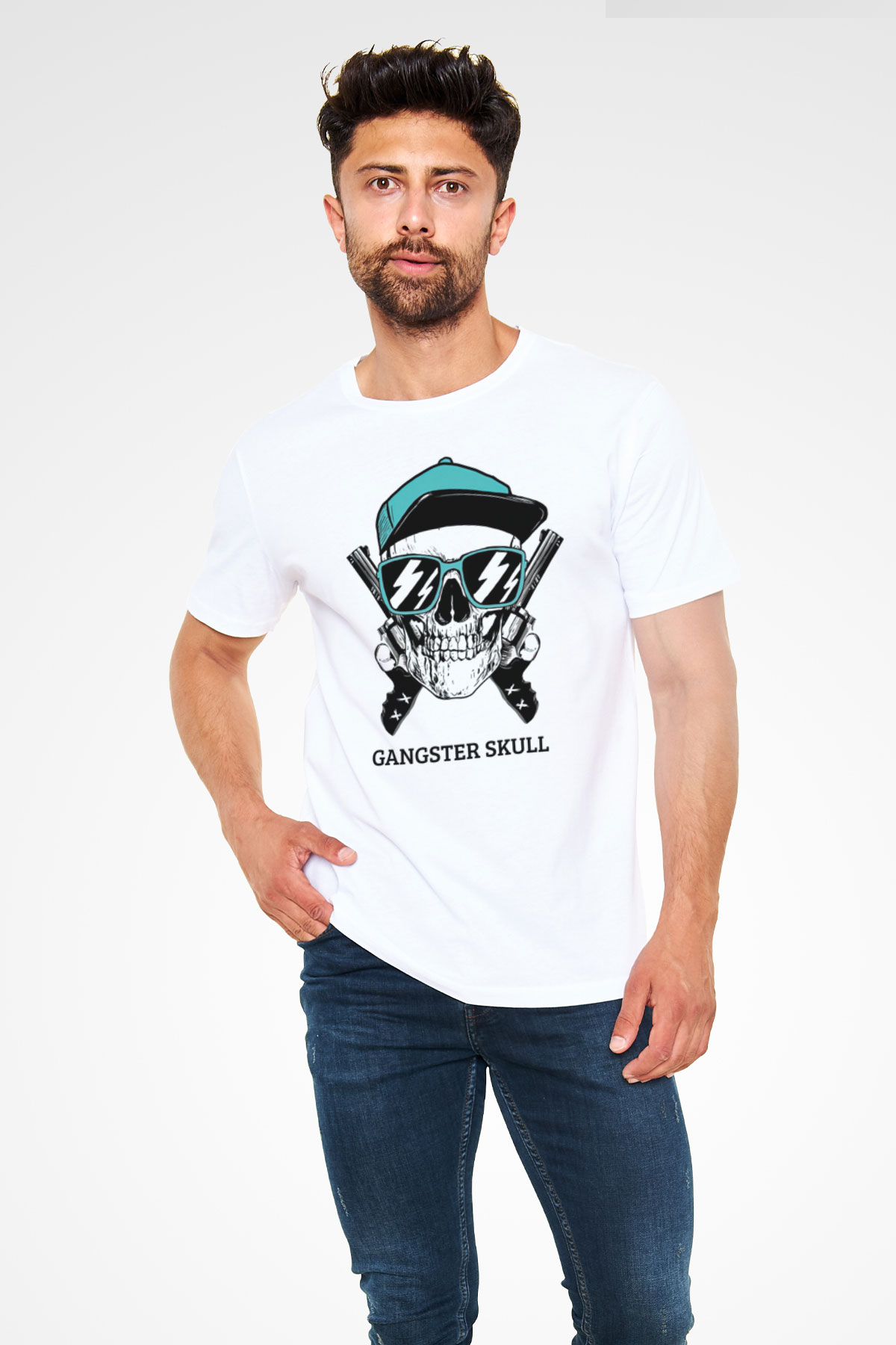 Gangster Kuru Kafa Baskılı Unisex Beyaz Tişört