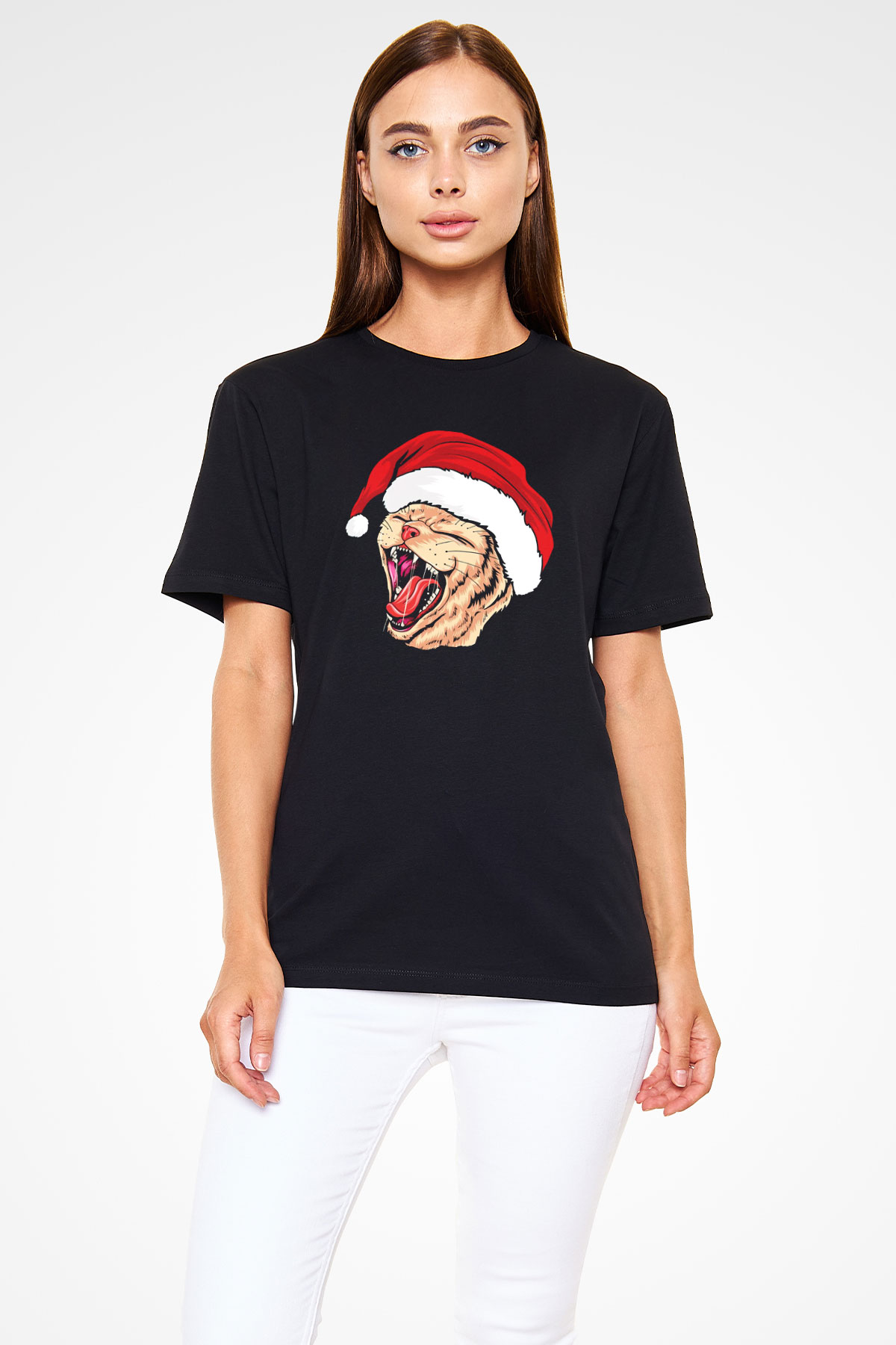 Yeni Yıl Kedi Baskılı Unisex Siyah Tişört