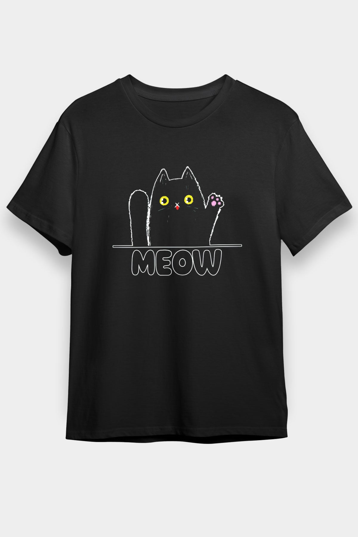 Meow Kedi Baskılı Unisex Siyah Tişört