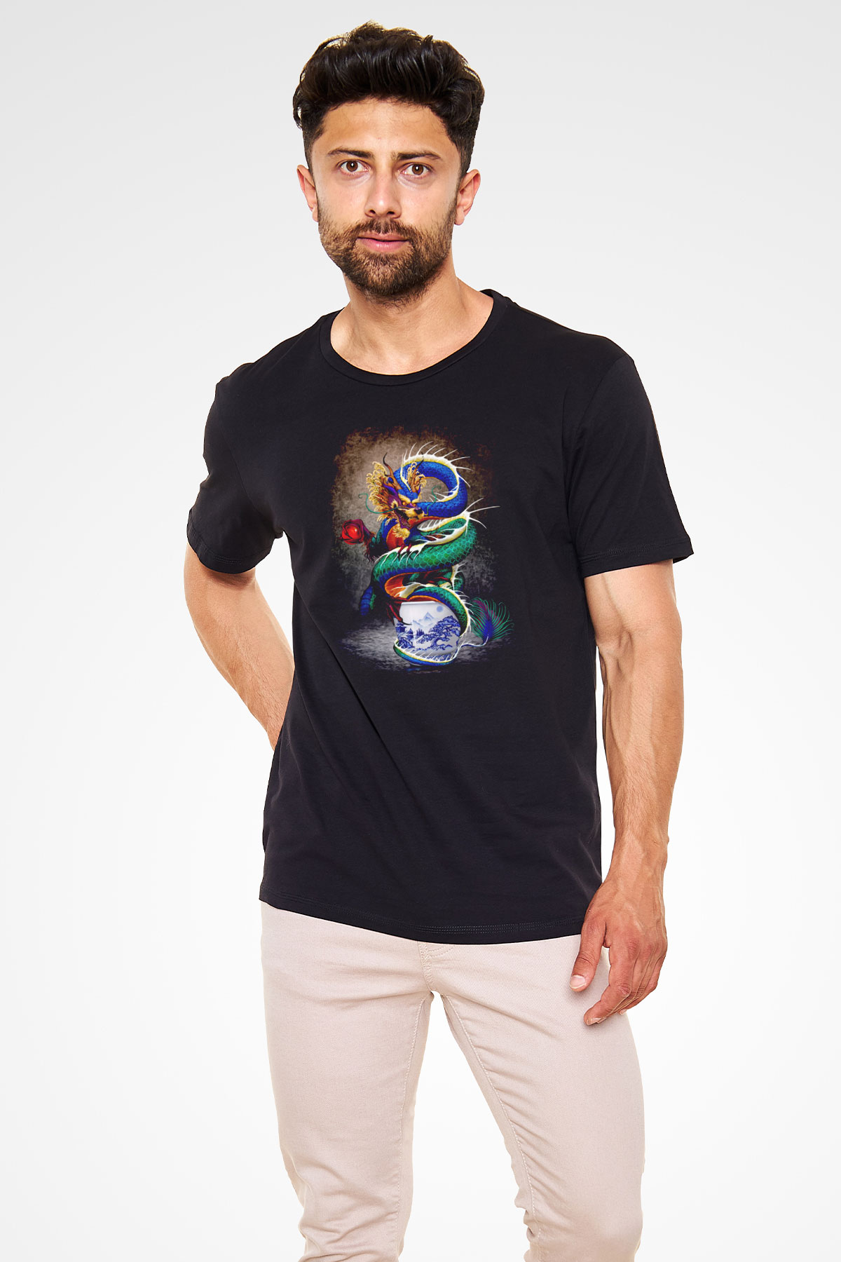 Uzakdoğu Ejderha Temalı Baskılı Unisex Siyah Tişört