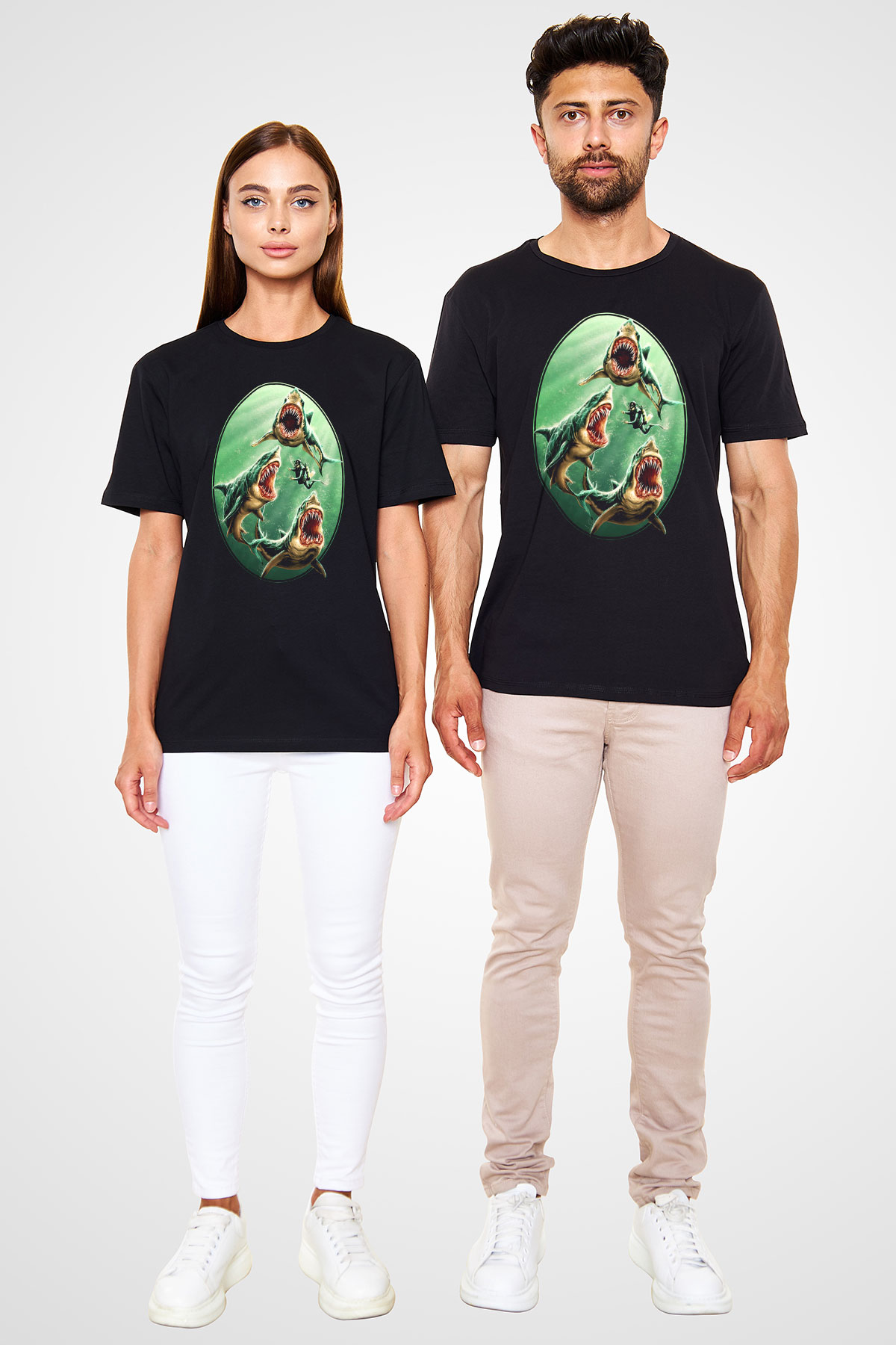 Köpekbalığı Temalı Baskılı Unisex Siyah Tişört