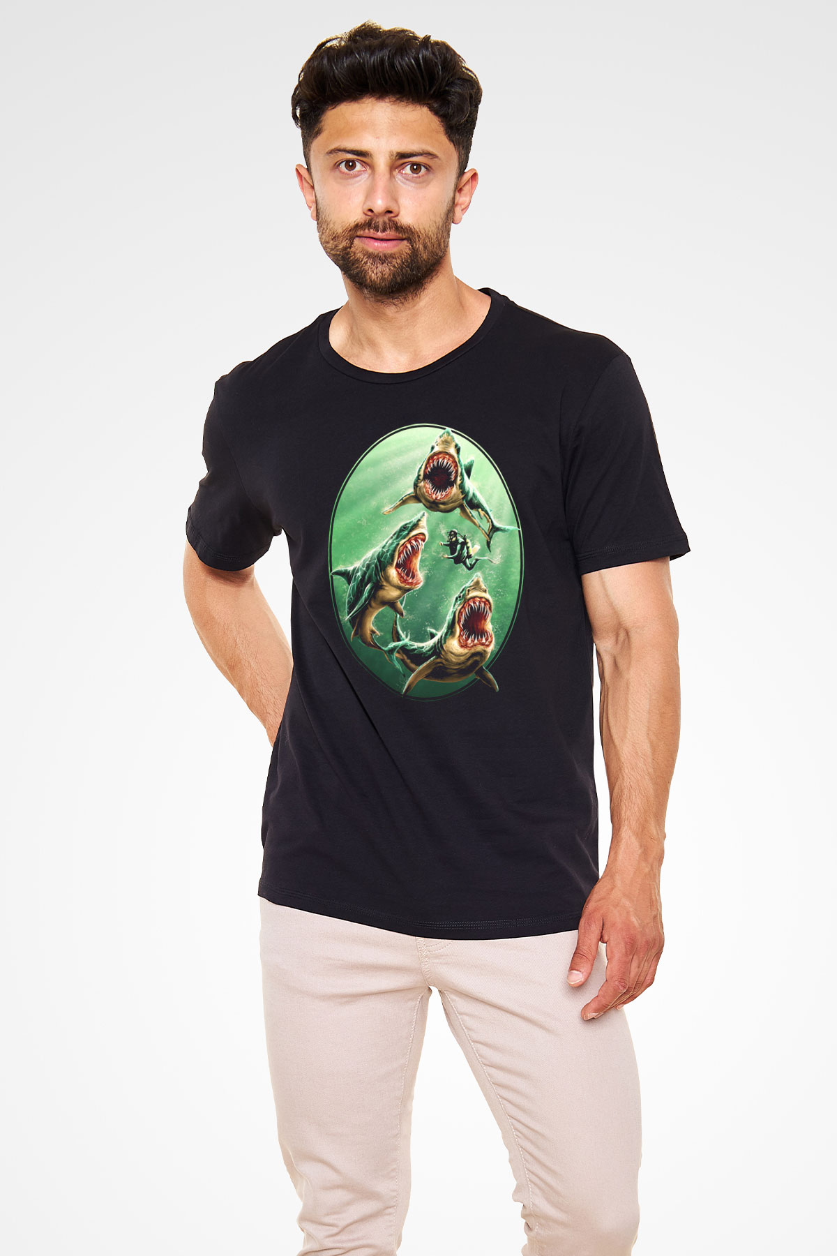 Köpekbalığı Temalı Baskılı Unisex Siyah Tişört