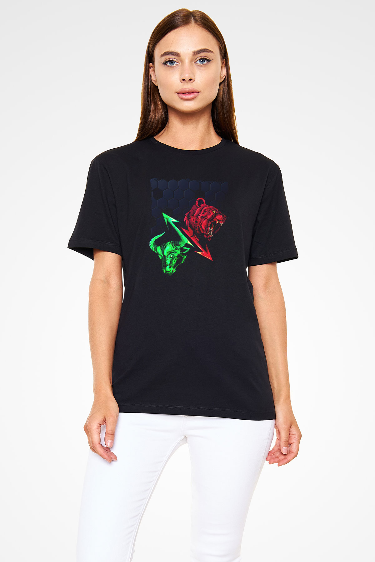 Ayı ve Boğa Baskılı Unisex Siyah Tişört