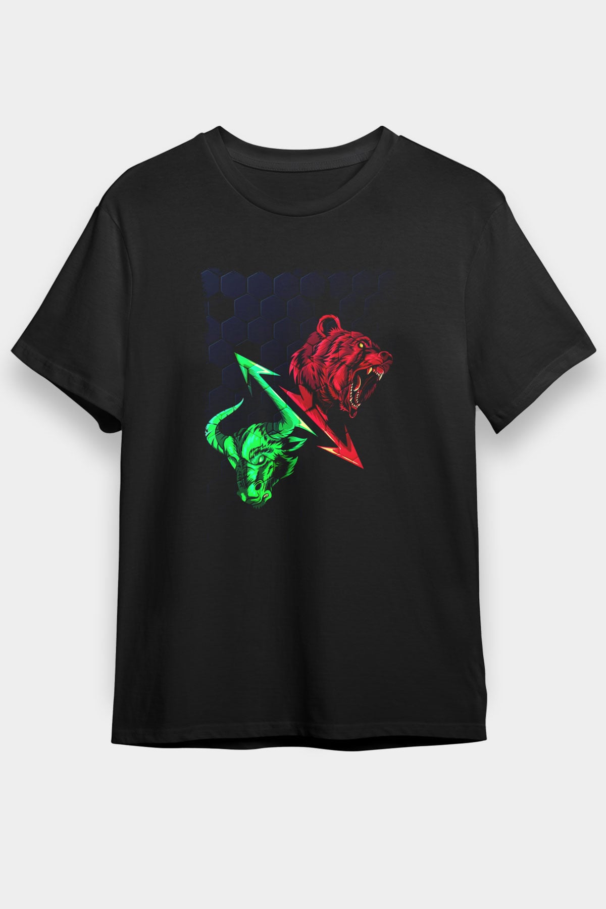 Ayı ve Boğa Baskılı Unisex Siyah Tişört