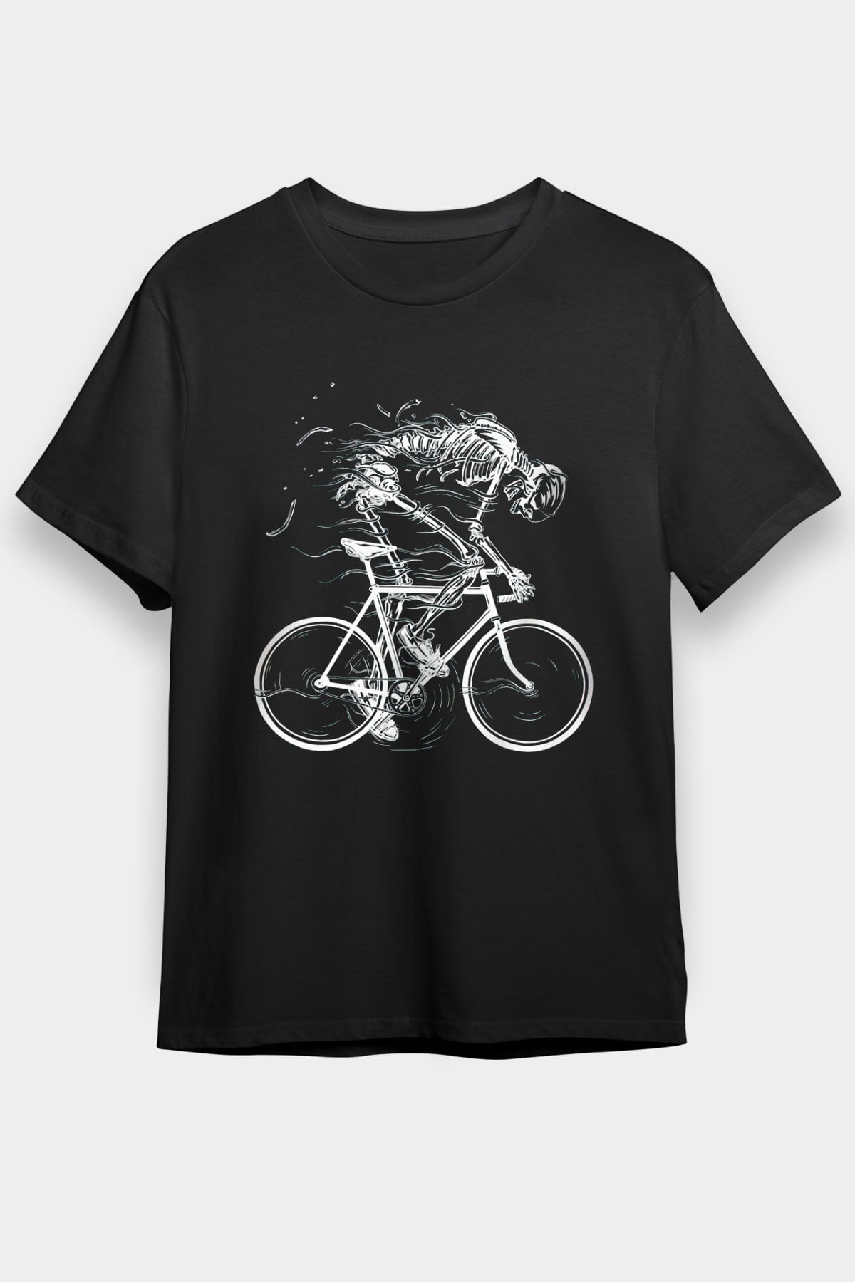Bisikletçi Kedi Baskılı Unisex Siyah Tişört