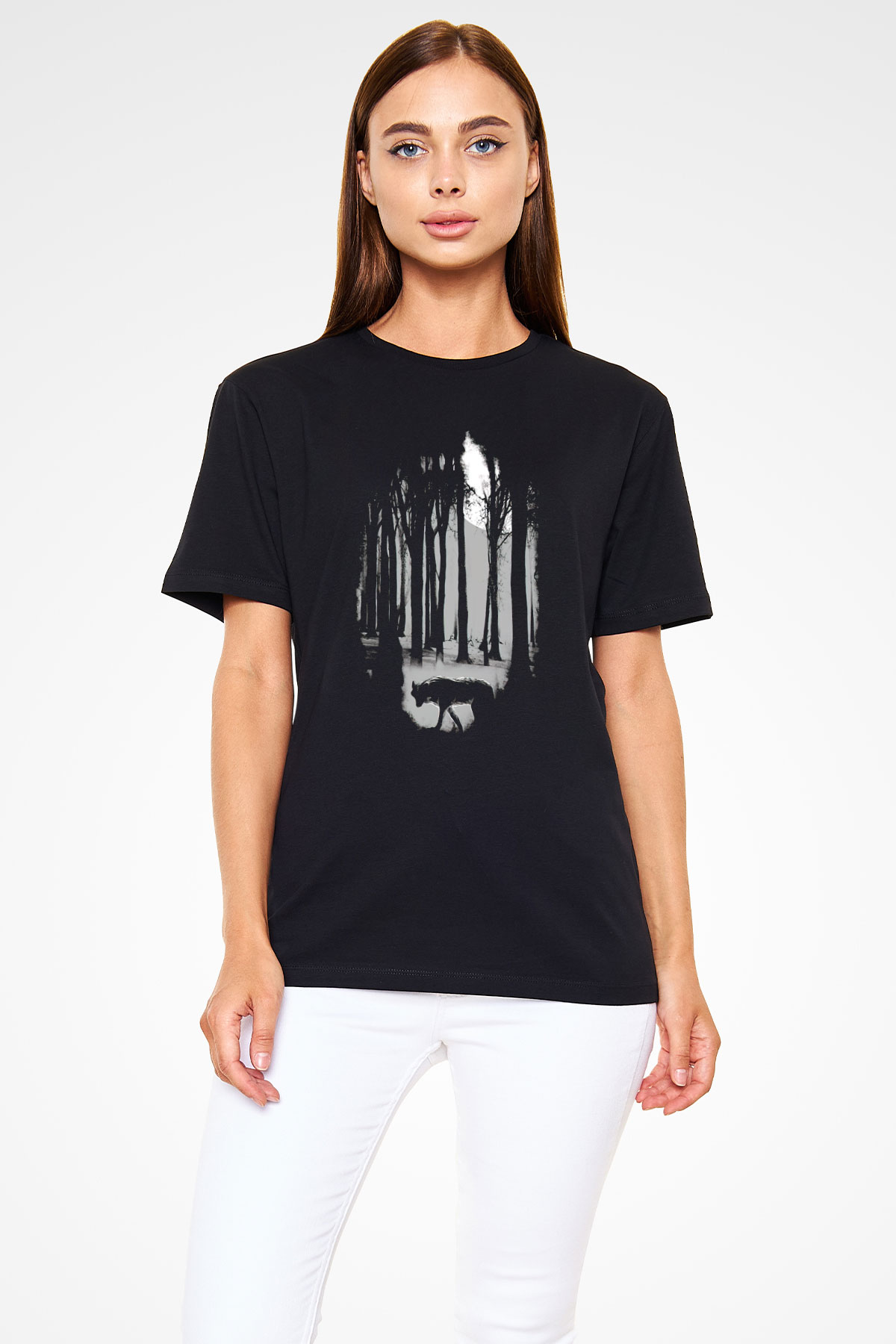 Doğa ve Kurt Baskılı Unisex Siyah Tişört