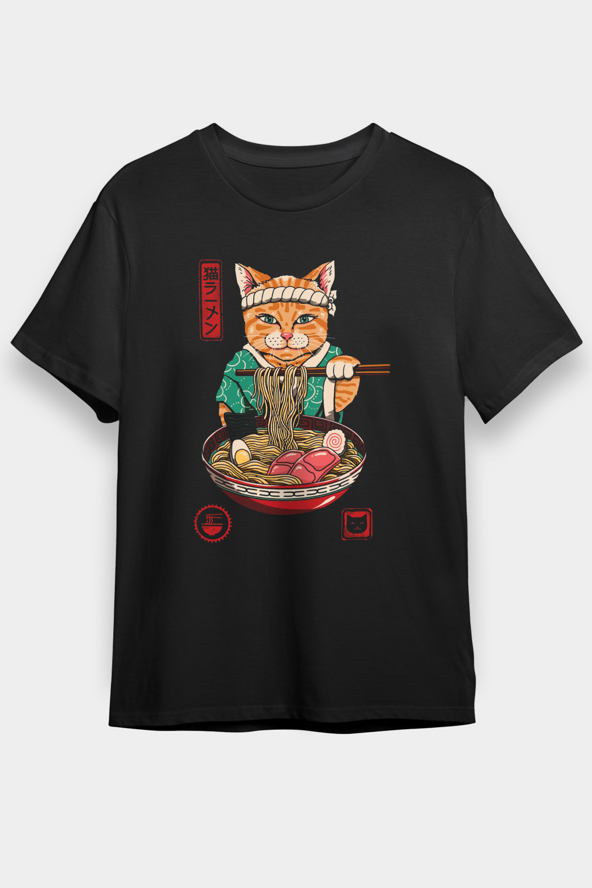 Uzakdoğulu Kedi Baskılı Unisex Siyah Tişört
