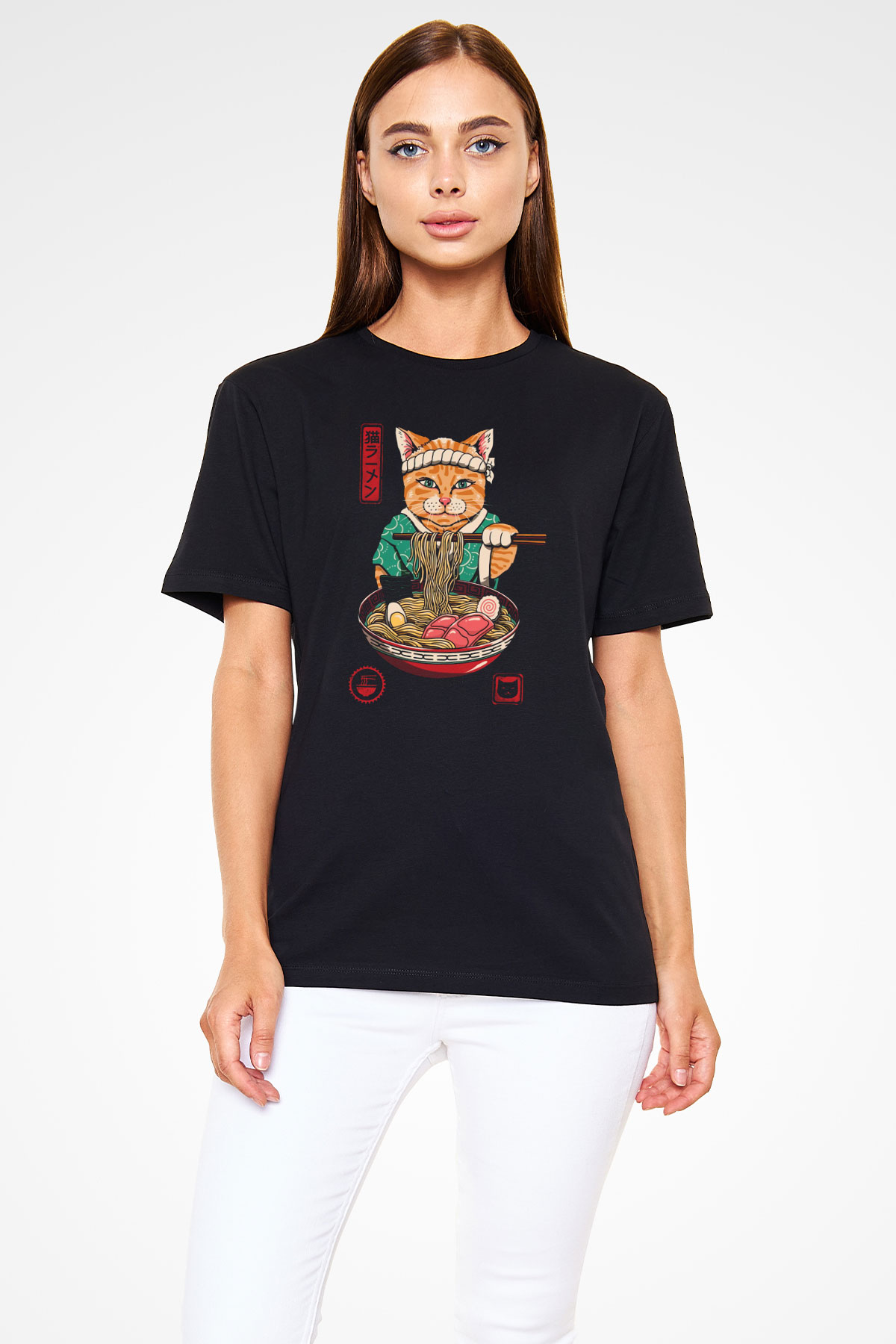 Uzakdoğulu Kedi Baskılı Unisex Siyah Tişört