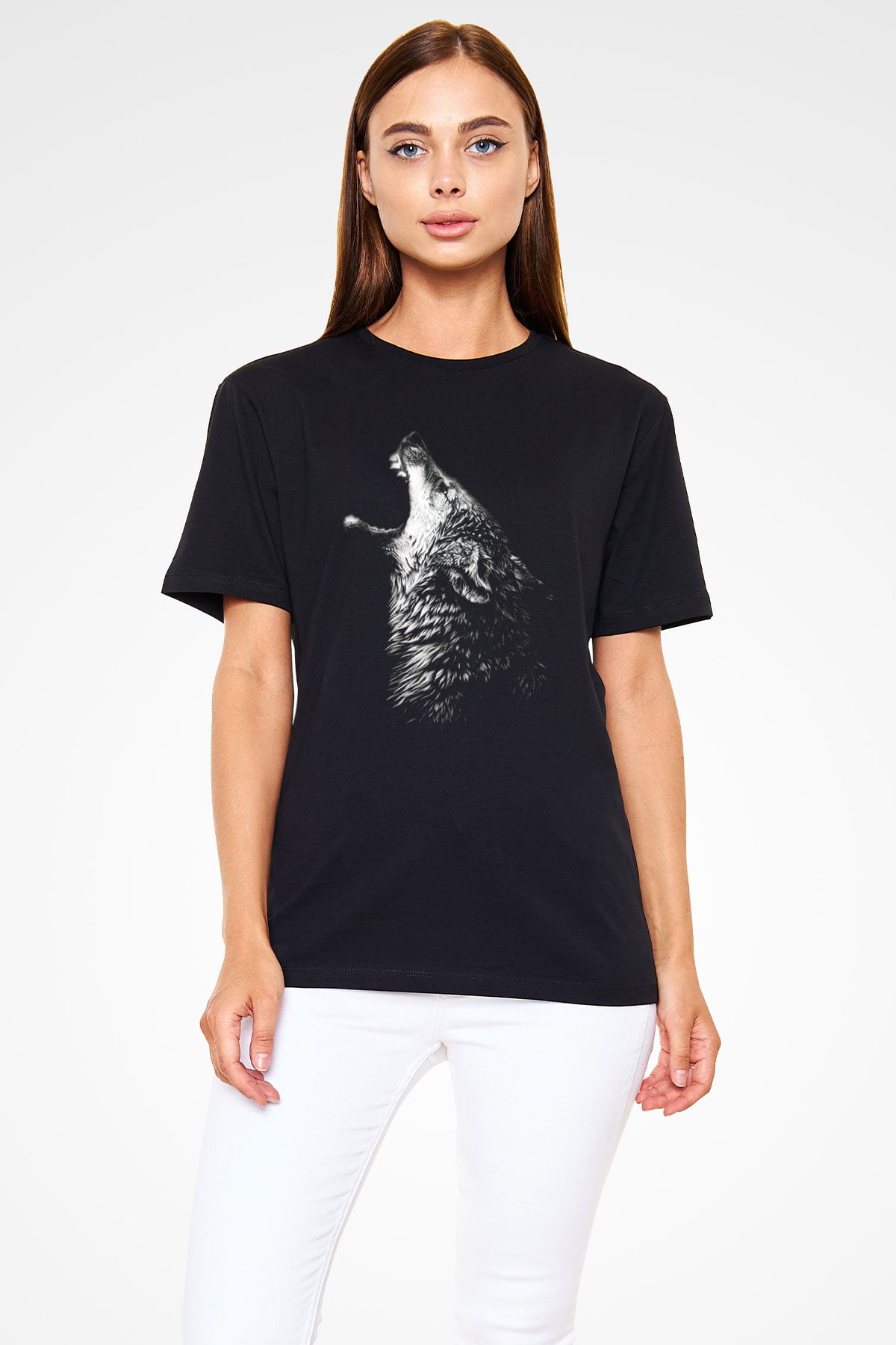 Uluyan Kurt Baskılı Unisex Siyah Tişört