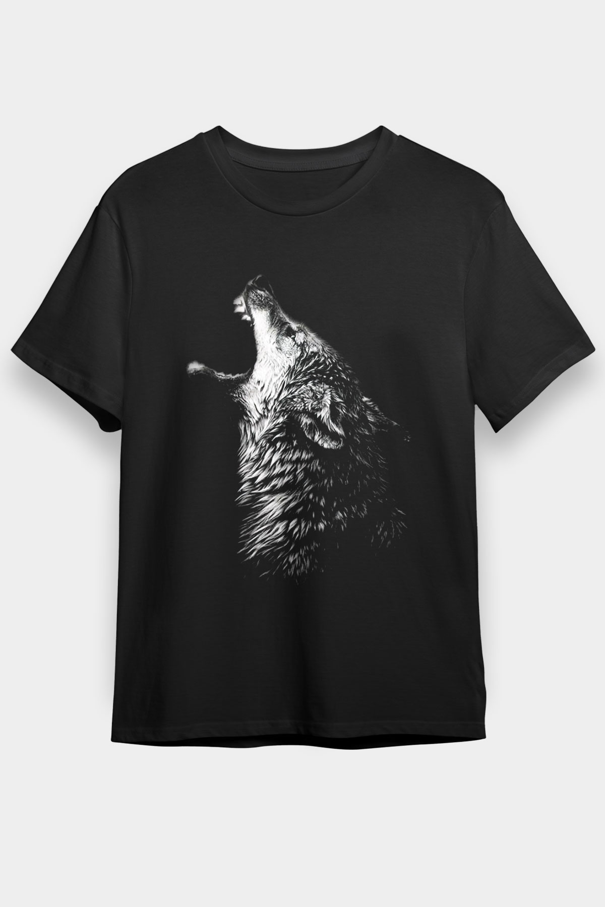 Uluyan Kurt Baskılı Unisex Siyah Tişört