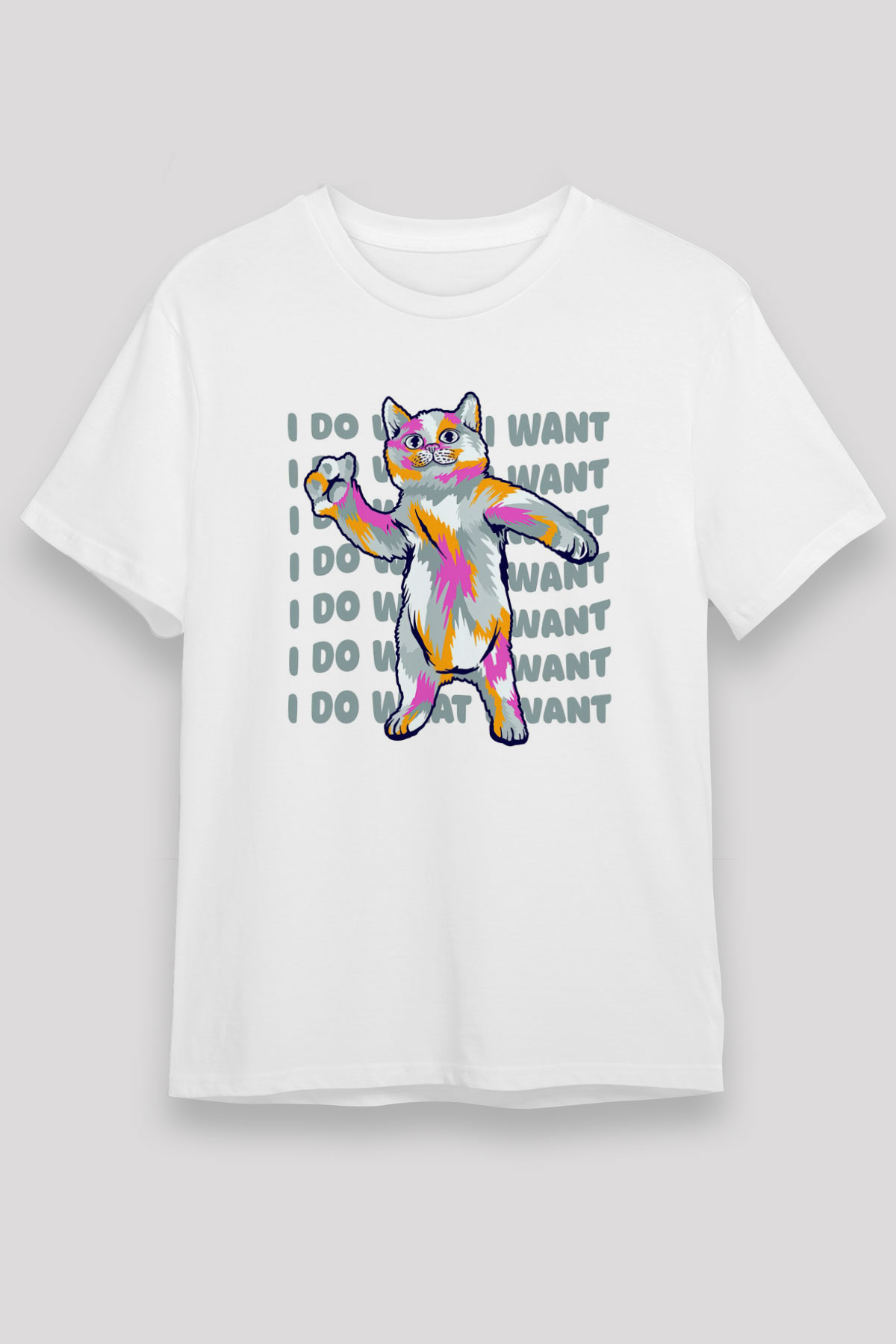 Renkli Kedi Baskılı Unisex Beyaz Tişört