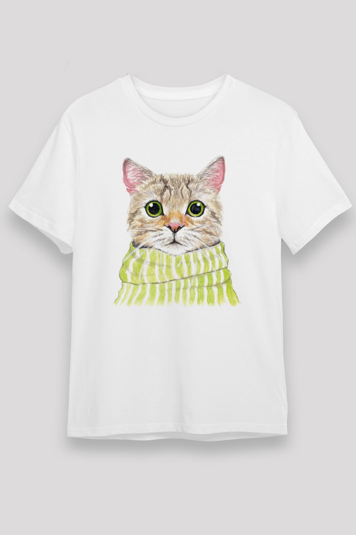 Şaşkın Kedi Baskılı Unisex Beyaz Tshirt