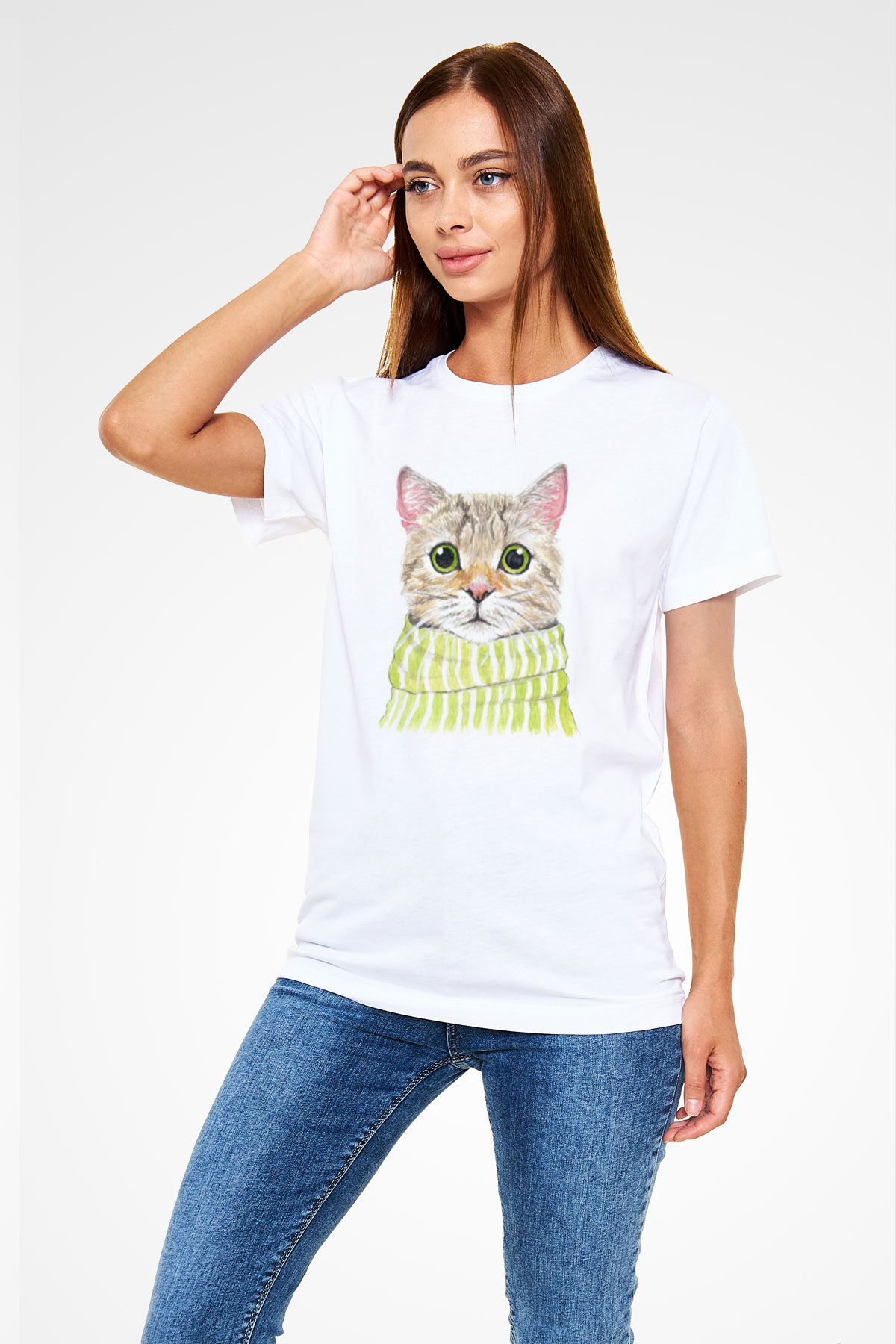 Şaşkın Kedi Baskılı Unisex Beyaz Tshirt