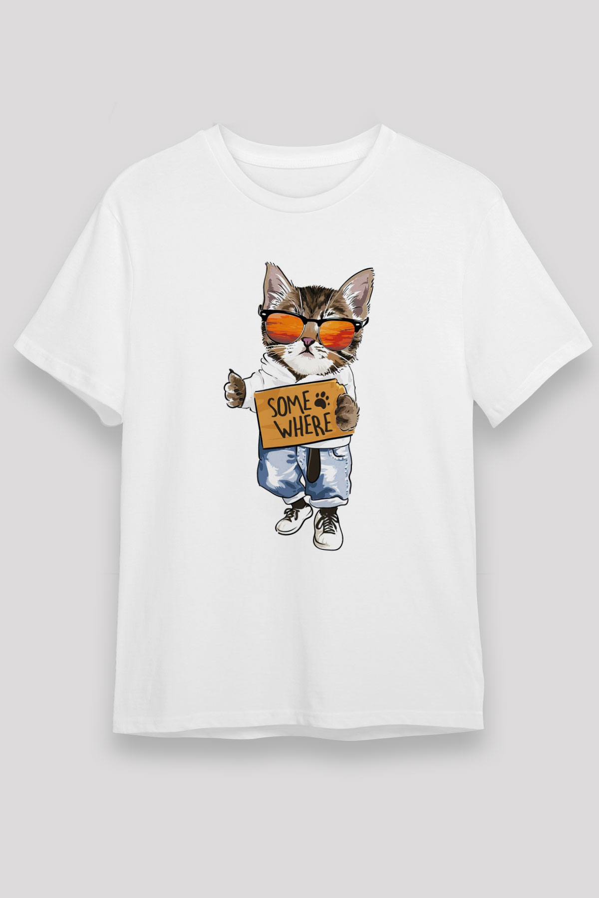 Karizmatik Kedi Baskılı Unisex Beyaz Tshirt