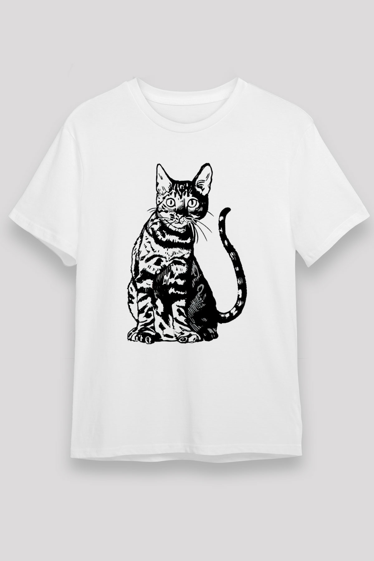 Siyah Kedi Baskılı Unisex Beyaz Tişört