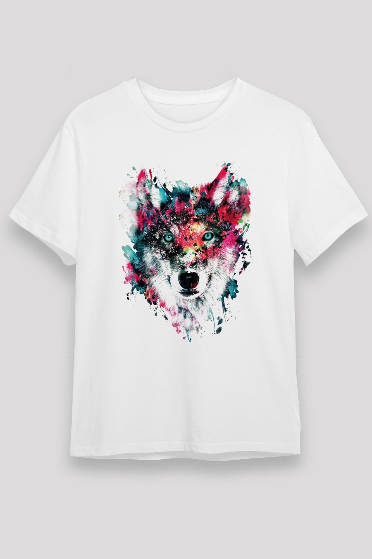 Renkli Suluboya Kurt Baskılı Unisex Beyaz Tshirt