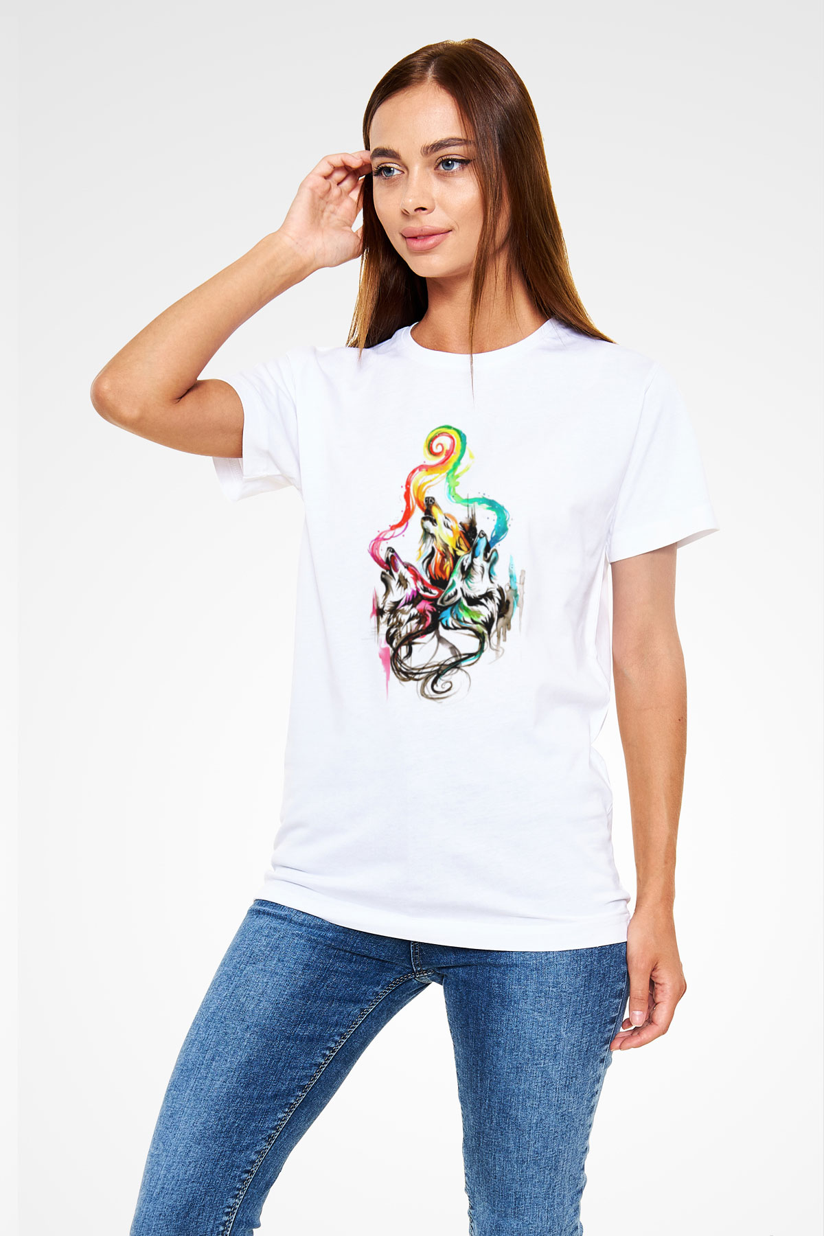 Uluyan Renkli Kurtlar Baskılı Unisex Beyaz Tişört