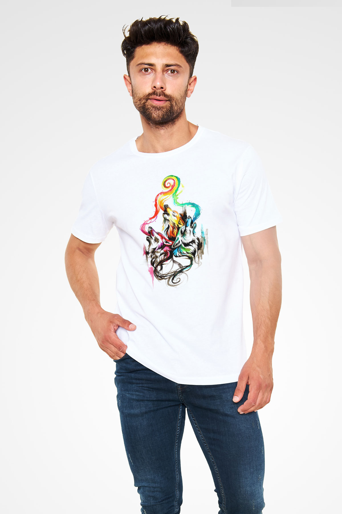 Uluyan Renkli Kurtlar Baskılı Unisex Beyaz Tişört