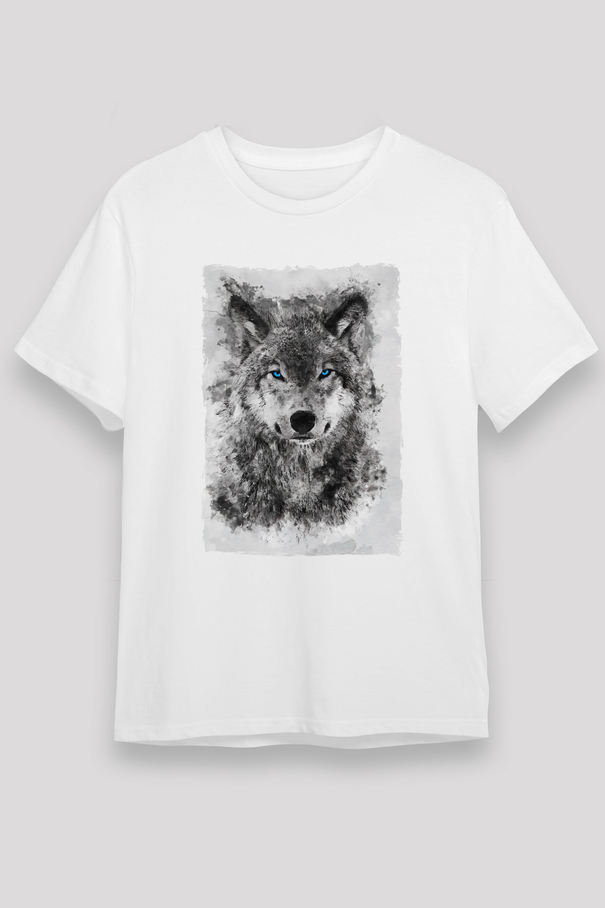 Mavi Gözlü Kurt Baskılı Unisex Beyaz Tshirt