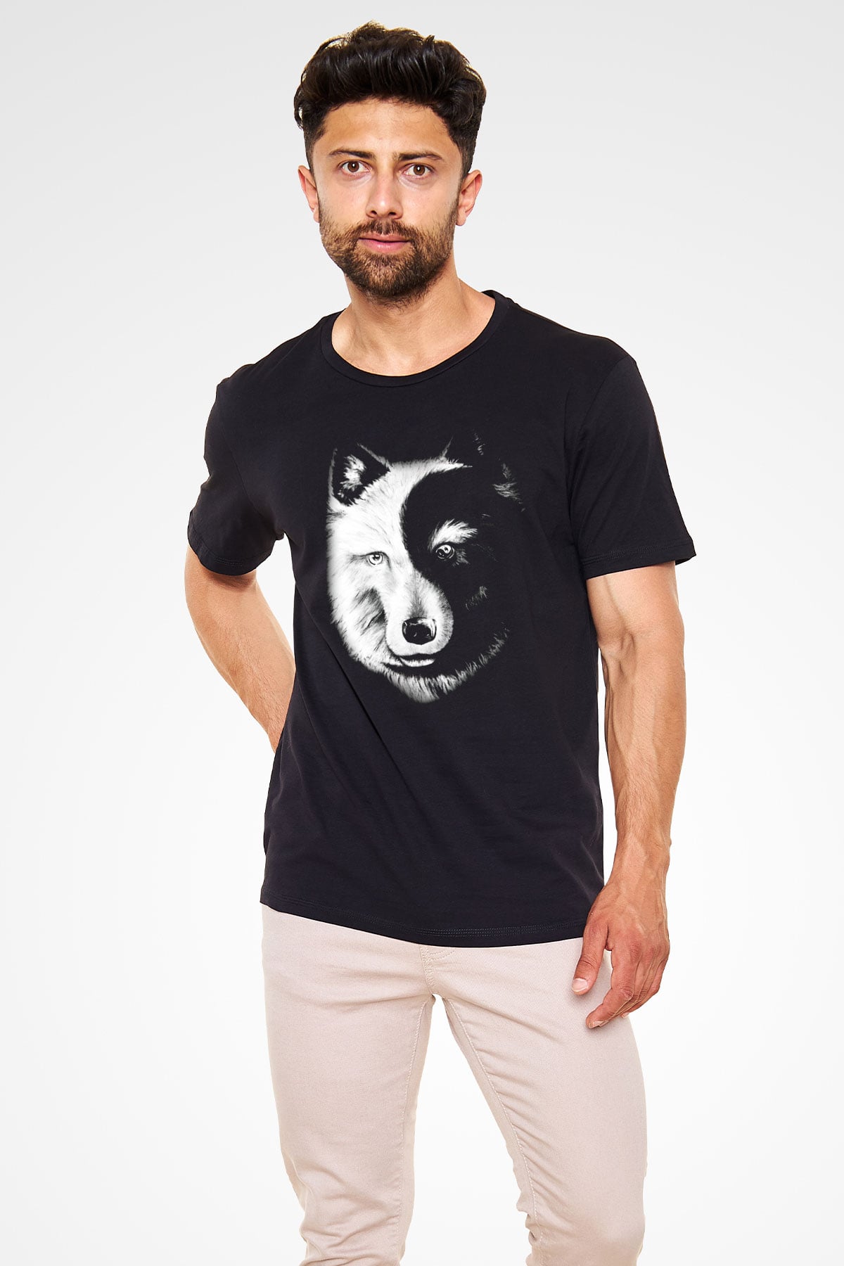 Uzakdoğulu Kurt Baskılı Unisex Siyah Tişört