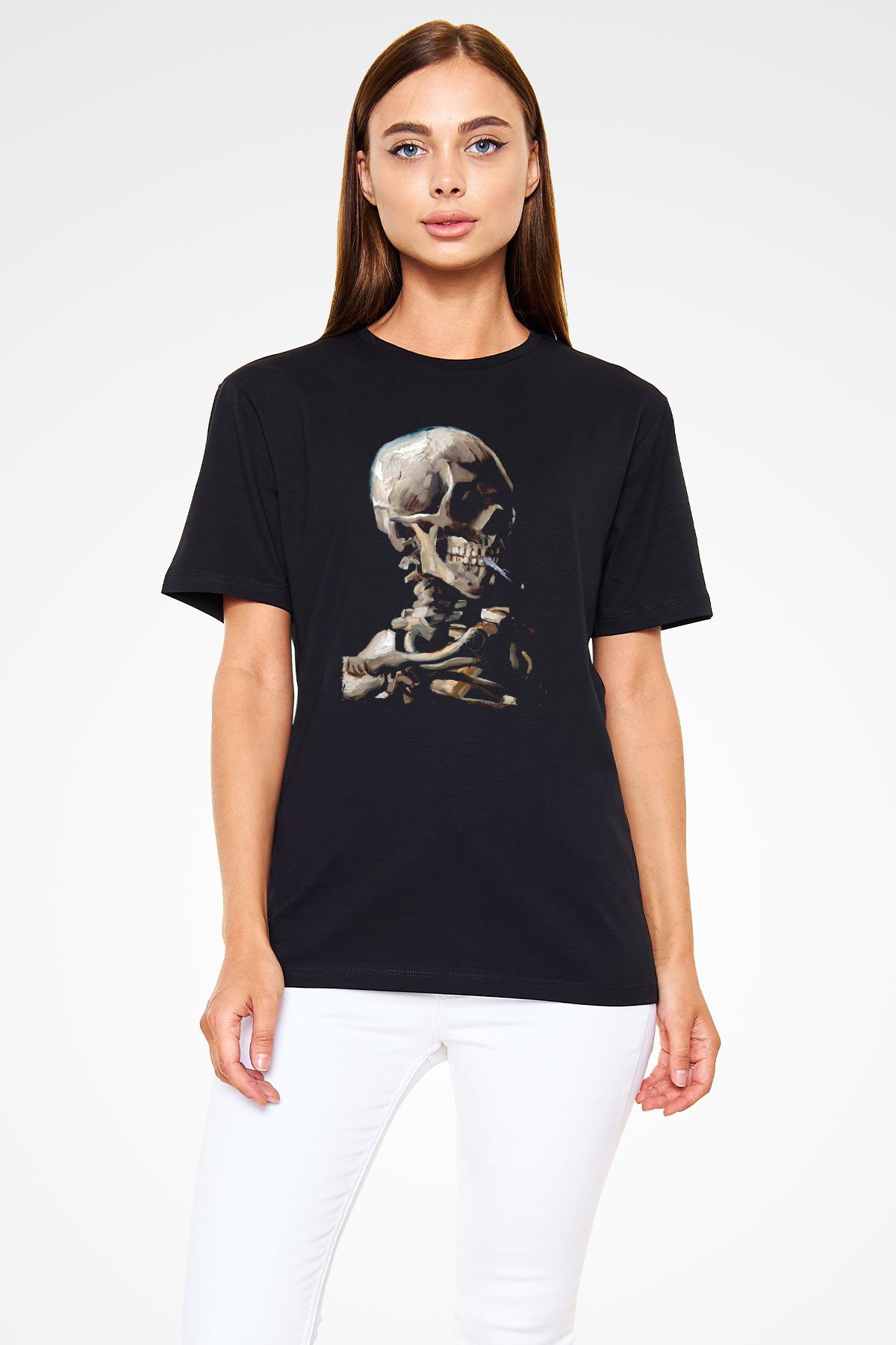 Sigara İçen İskelet Baskılı Unisex Siyah Tişört