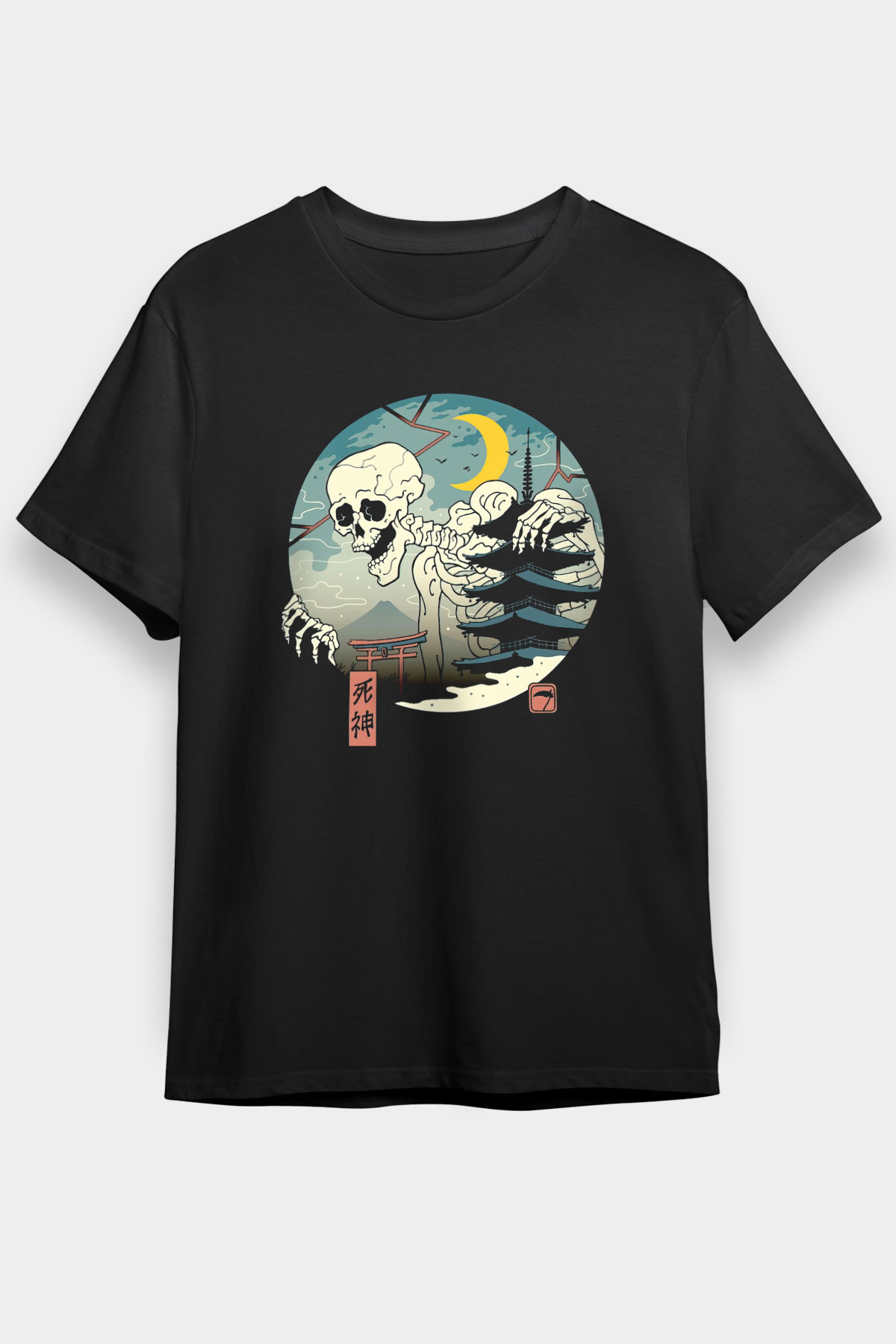 Uzakdoğulu İskelet Baskılı Siyah Unisex Tişört