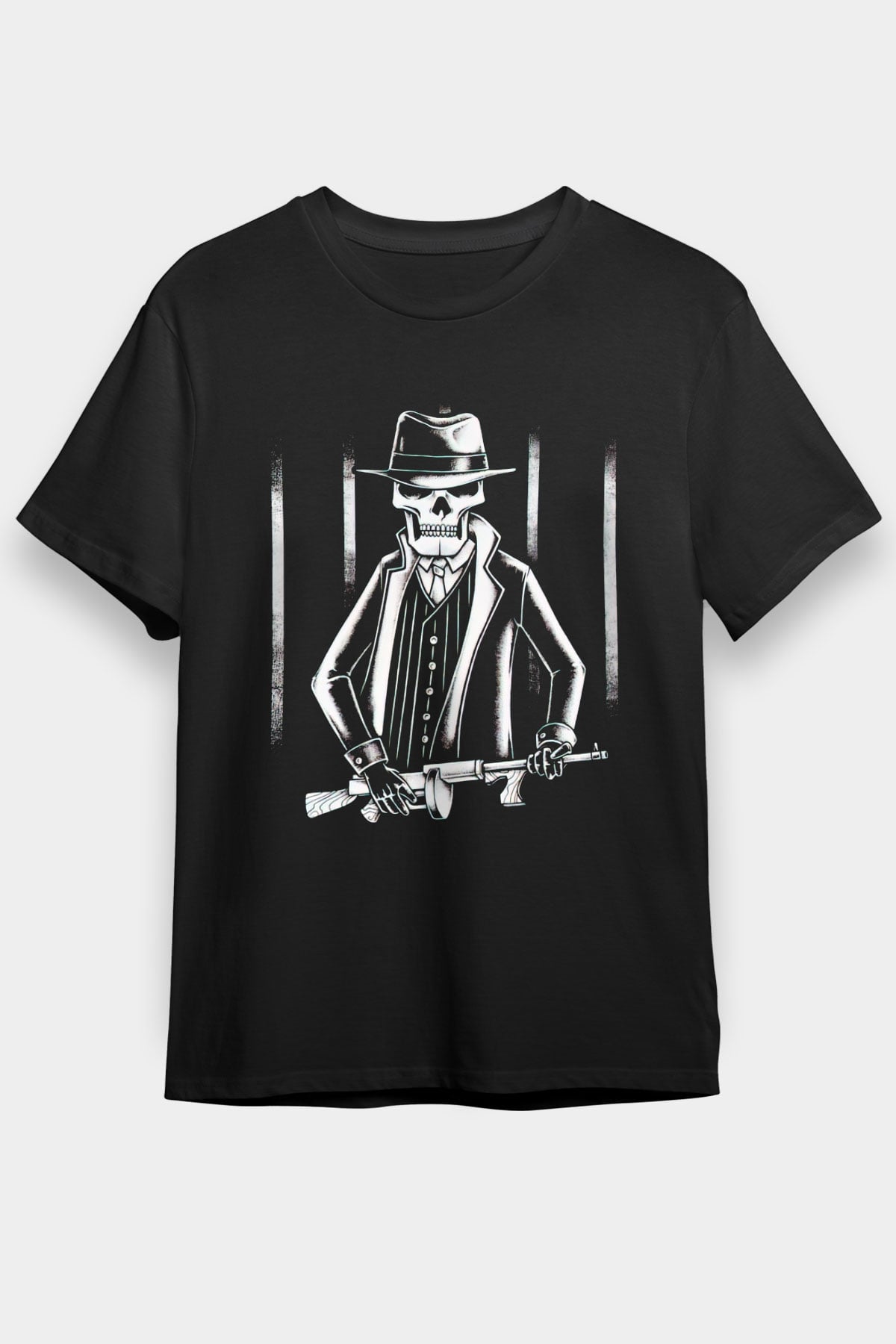 Gangster İskelet Baskılı Unisex Siyah Tişört
