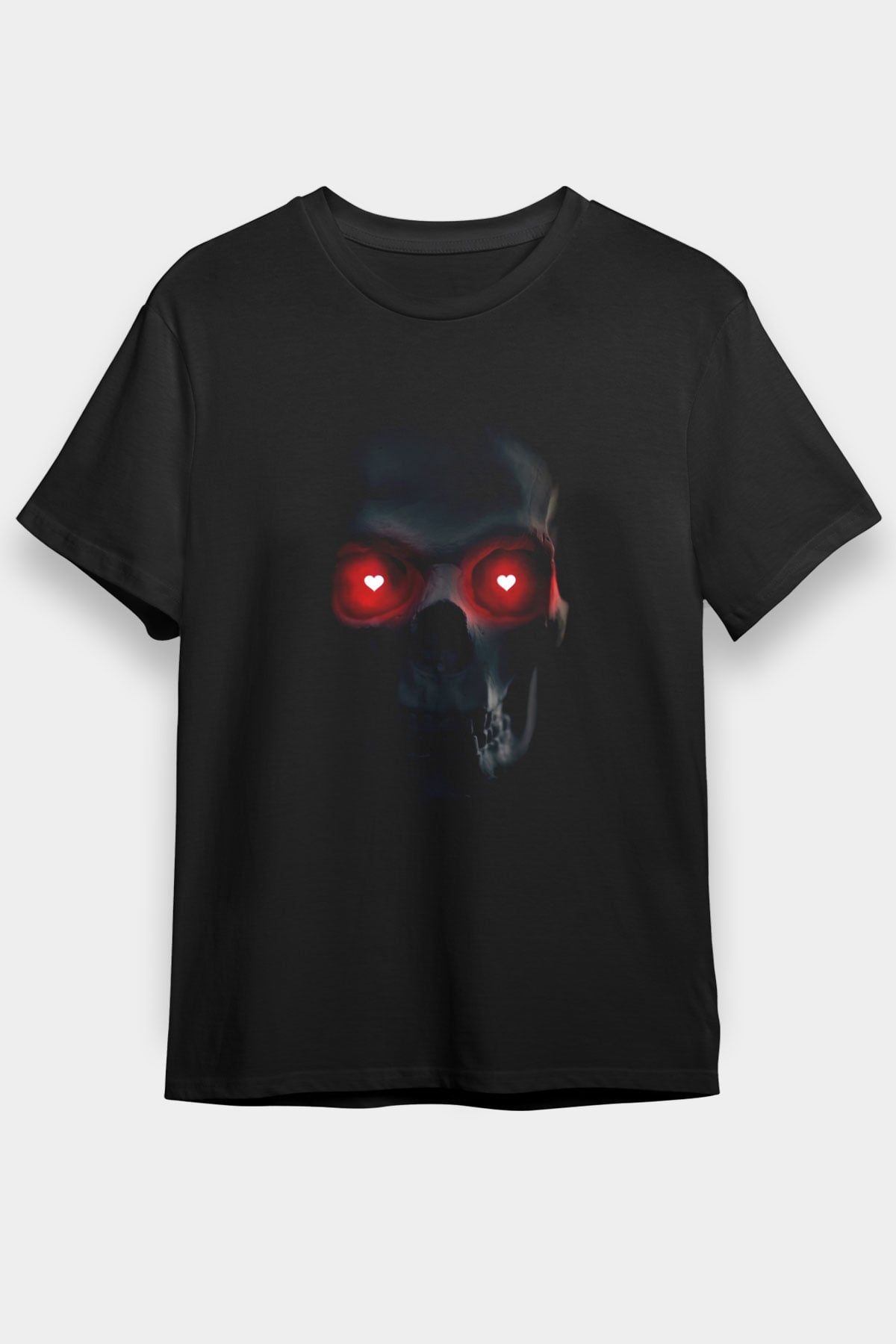 Kalp Gözlü Kurukafa Baskılı Unisex Siyah Tişört