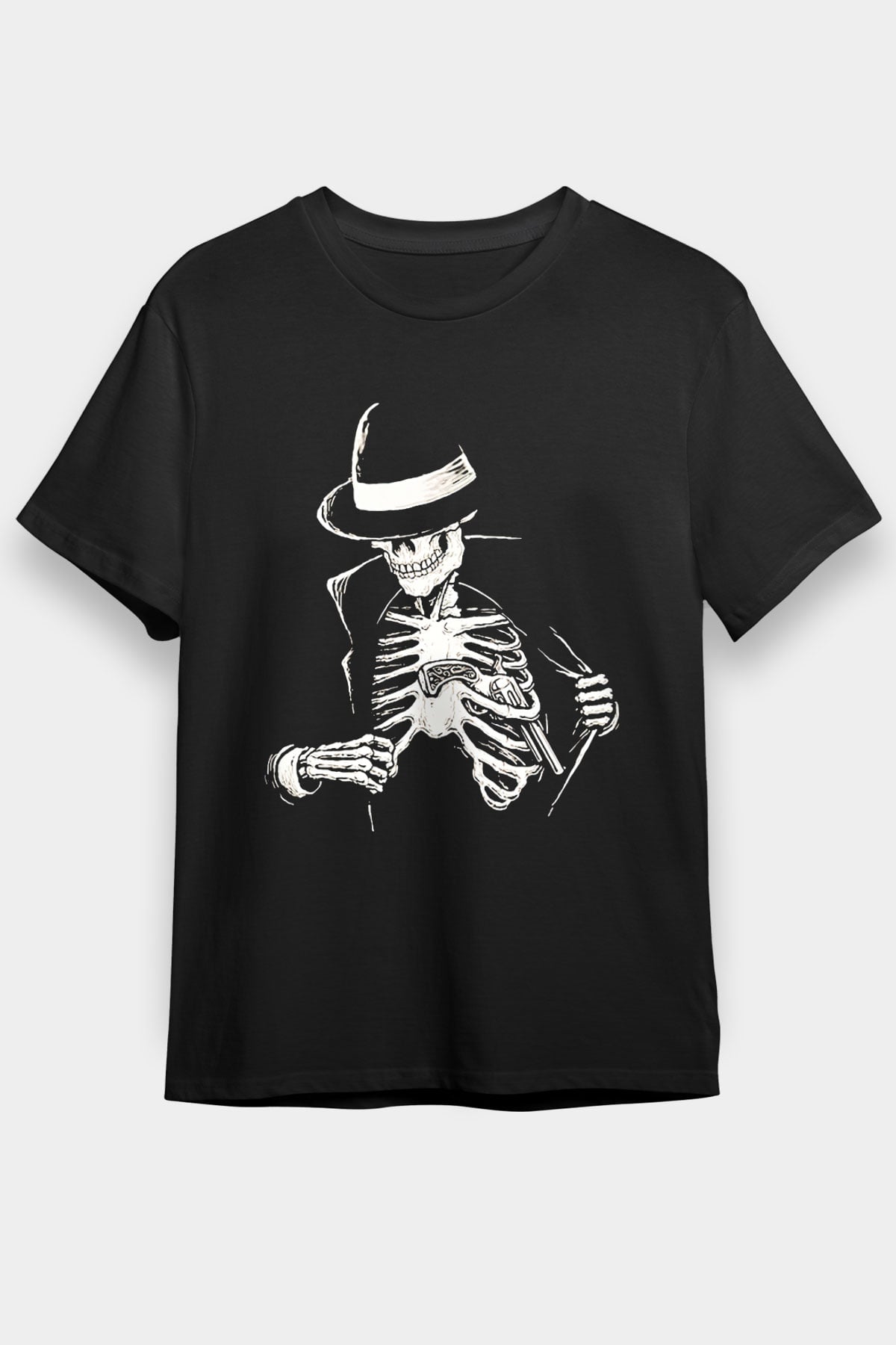 Kovboy İskelet Baskılı Siyah Unisex Tişört