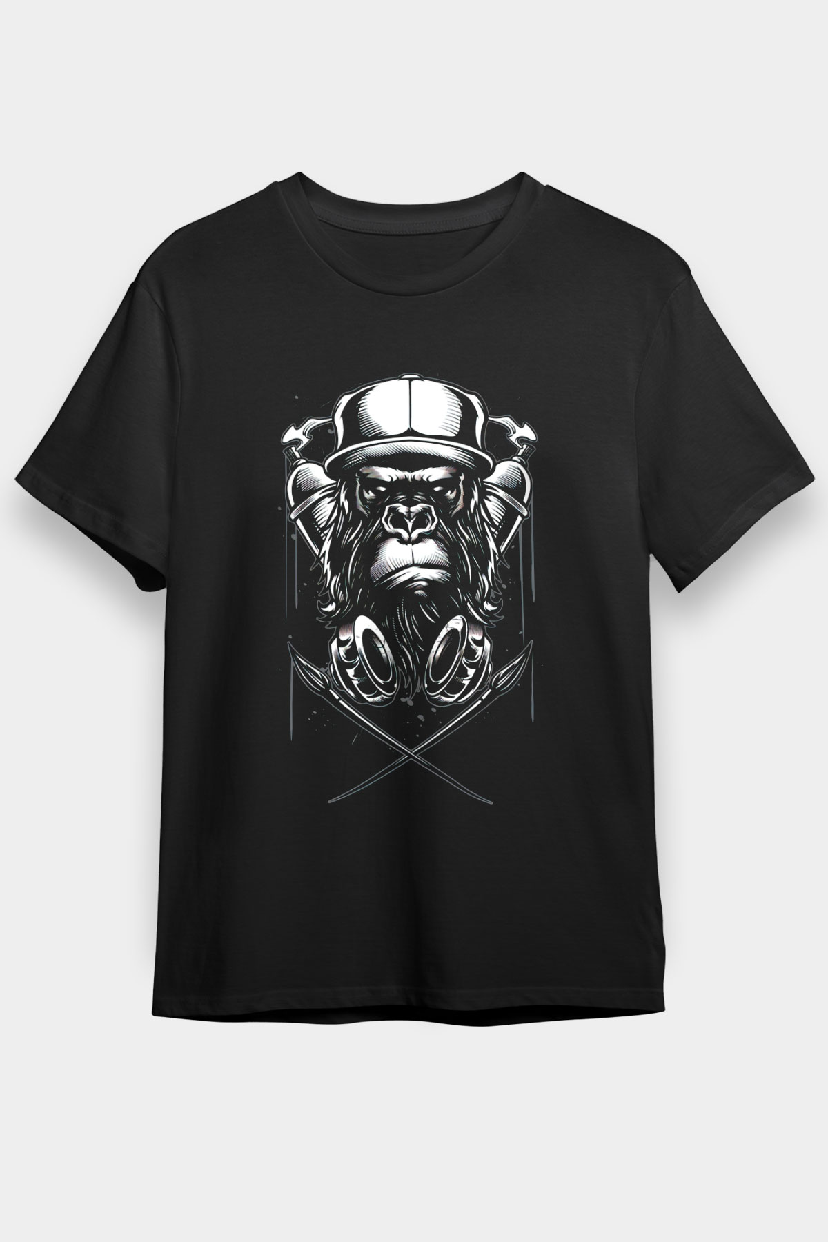 Graffiti Goril Baskılı Unisex Siyah Tişört