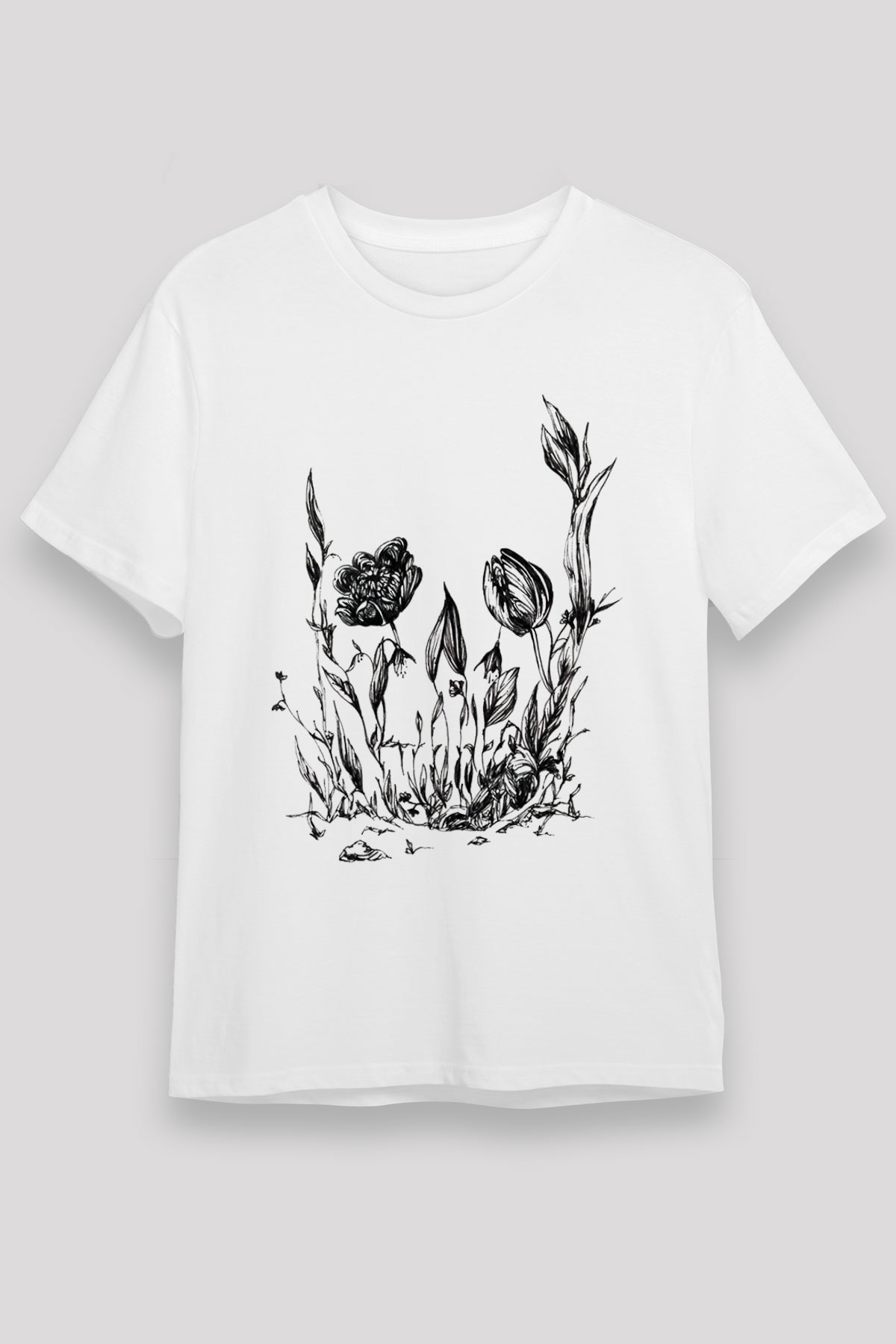Çiçekli Kurukafa Silüet Baskılı Unisex Beyaz Tişört