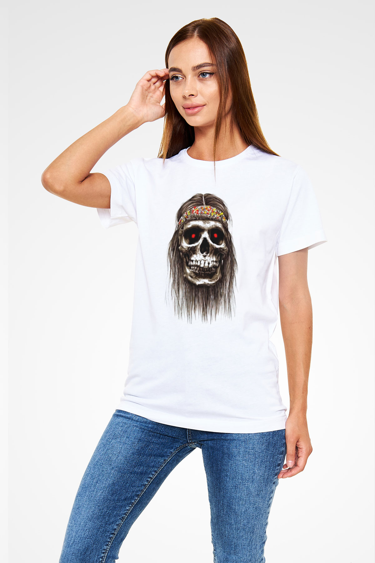 Hippi Kurukafa Baskılı Unisex Beyaz Tişört