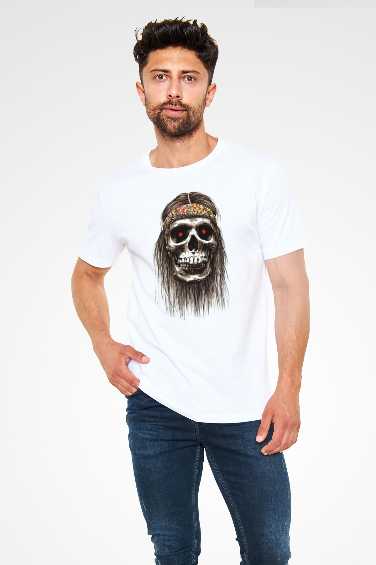 Hippi Kurukafa Baskılı Unisex Beyaz Tişört
